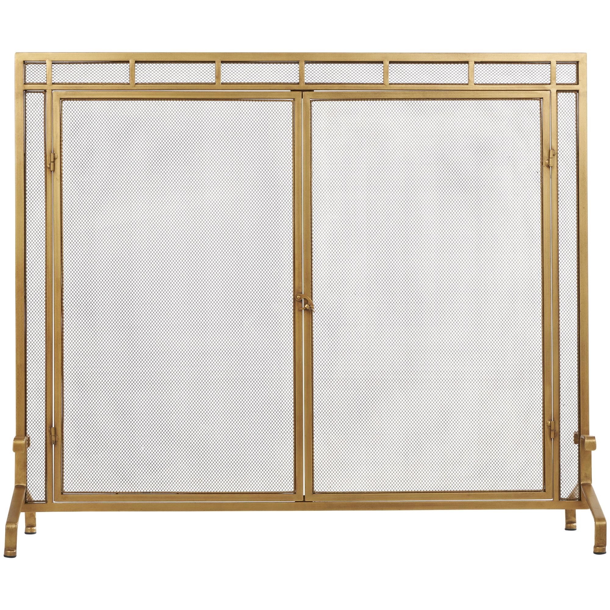 Gold Metal Geometric Single Panel Living Room Fireplace Screen with Latched Doors and Arched Feet