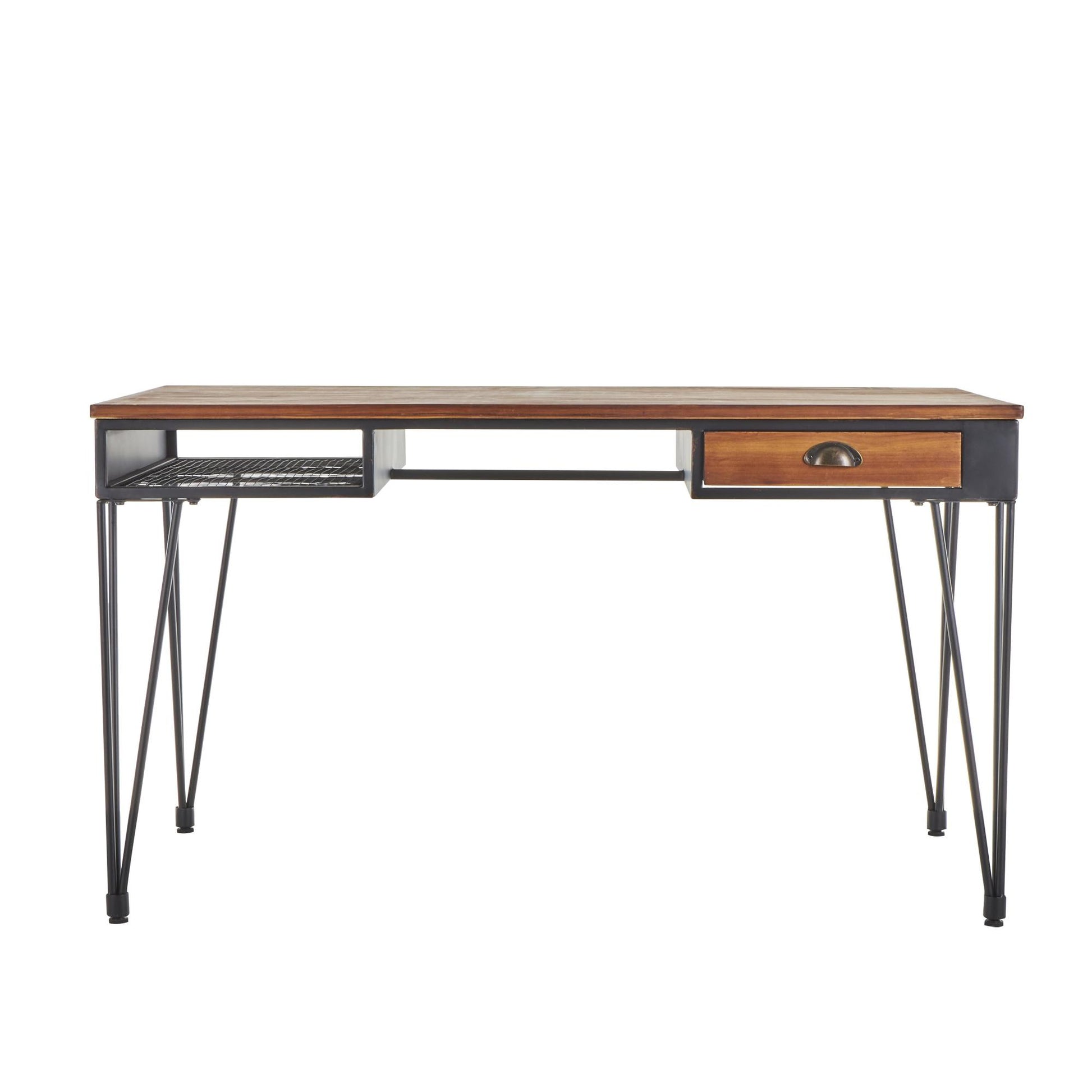 Black Metal Double Sided Living Room Desk with Brown Wooden Tabletop and Drawers