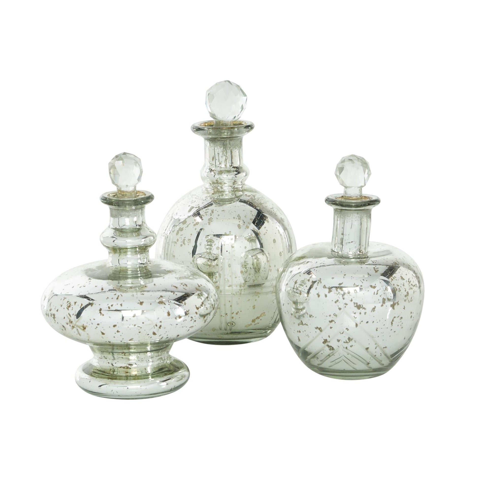 Set of 3 Silver Glass Living Room Decorative Jars with Crystal Stoppers