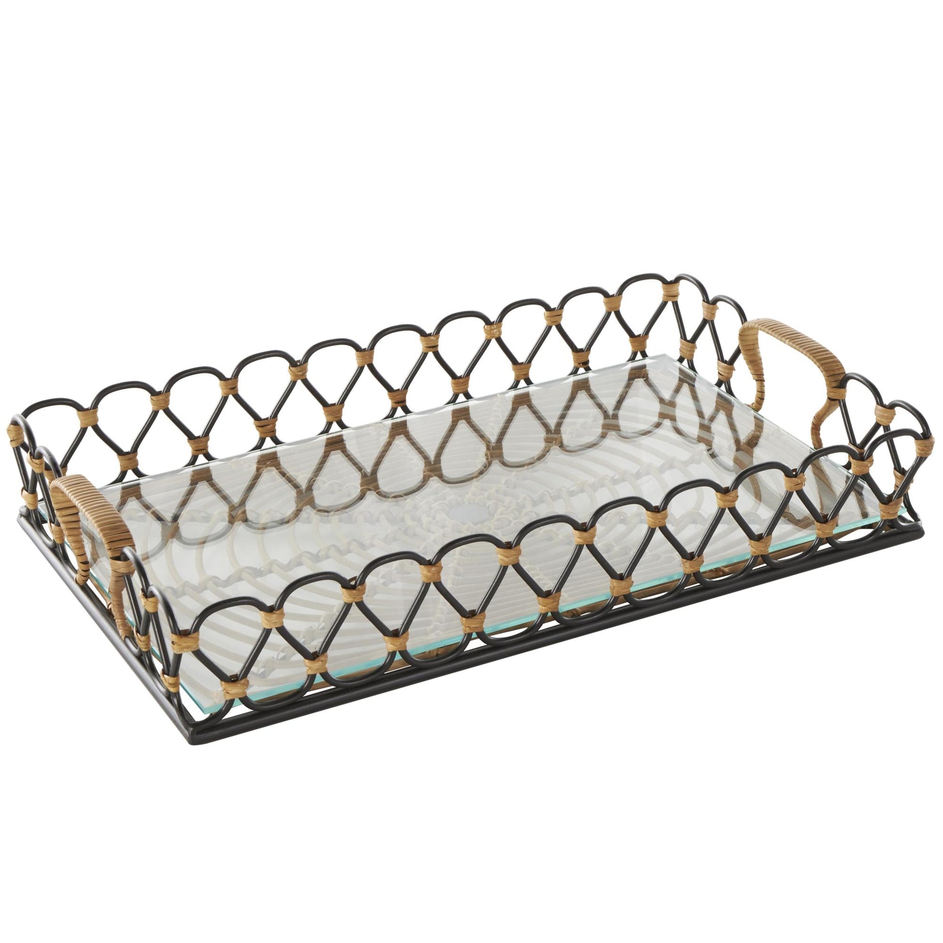 Black Metal Circular Woven Living Room Decor Tray with Glass Base
