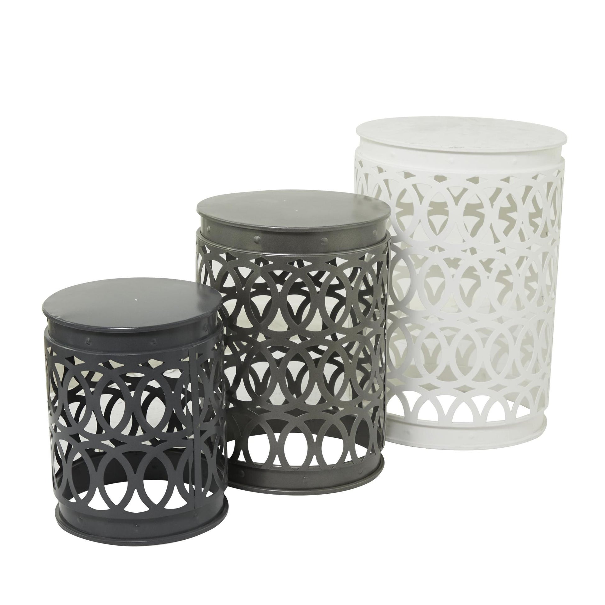 Set of 3 Metal Indoor Outdoor Nesting Side End Accent Table with Carved Trellis Design Set of 3 22", 18", 15"H