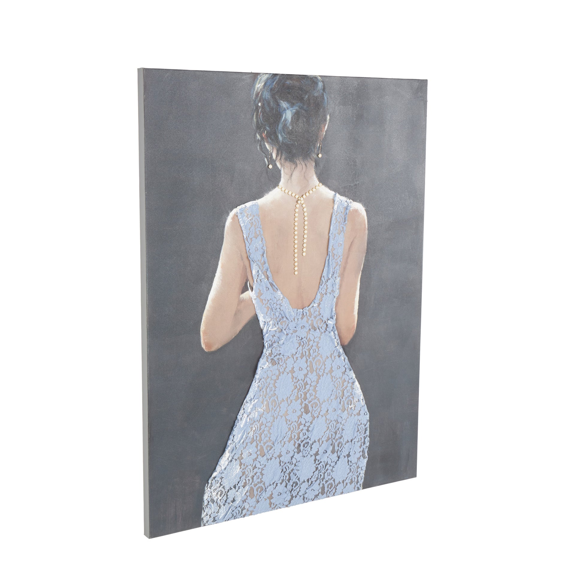 Woman Multi Colored Canvas Living Room Framed Wall Art with 3D Blue Fabric Dress and Gold Jewels
