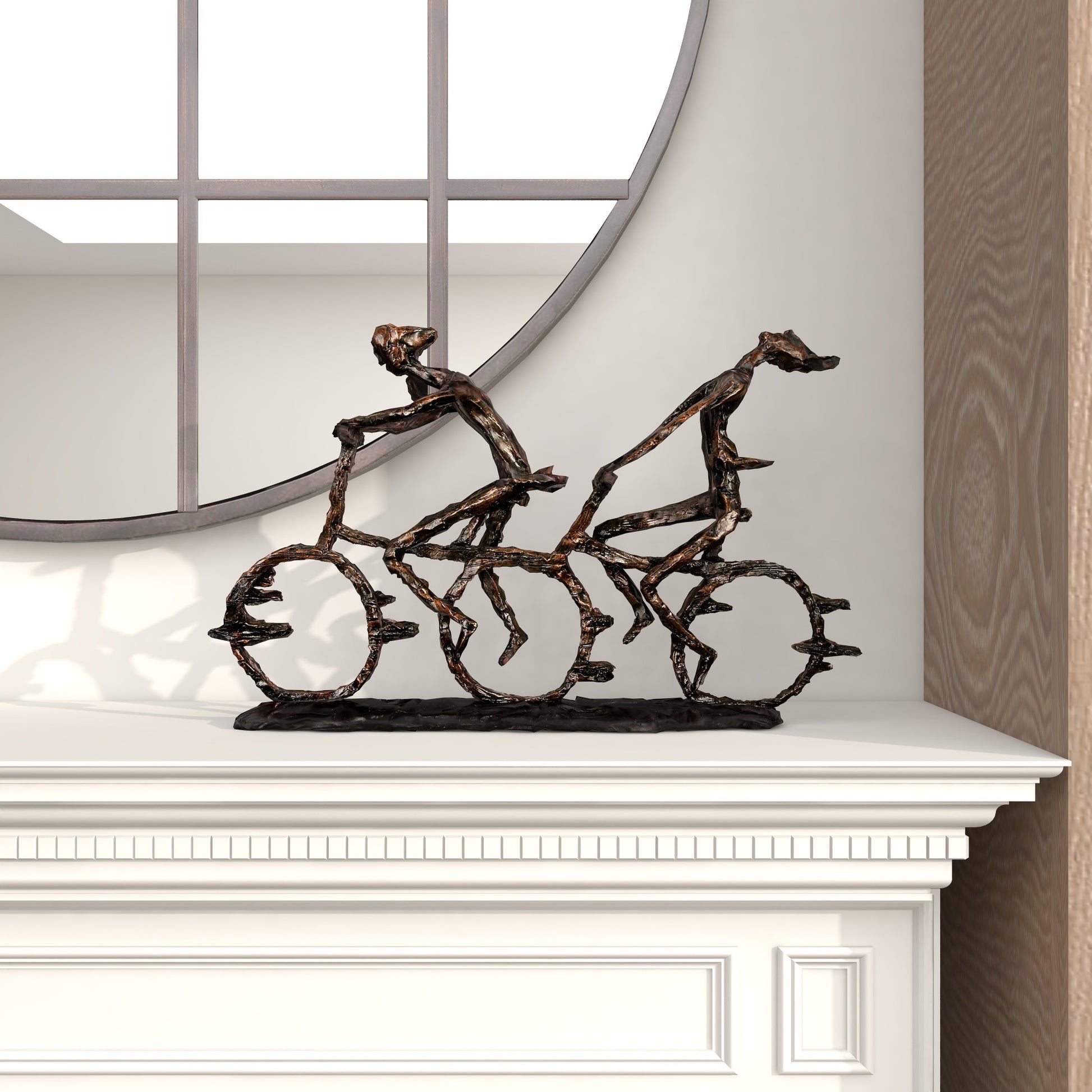 People Bronze Polystone Bicycling Decorative Sculpture with Copper Texturing