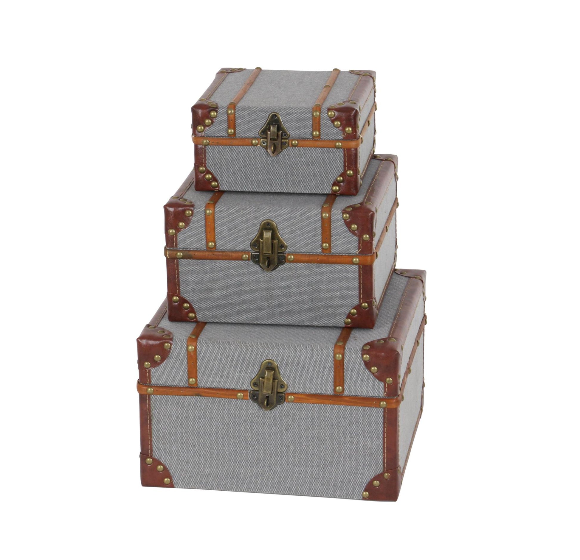 Set of 3 Gray Wooden Upholstered Decorative Box with Hinged Lid