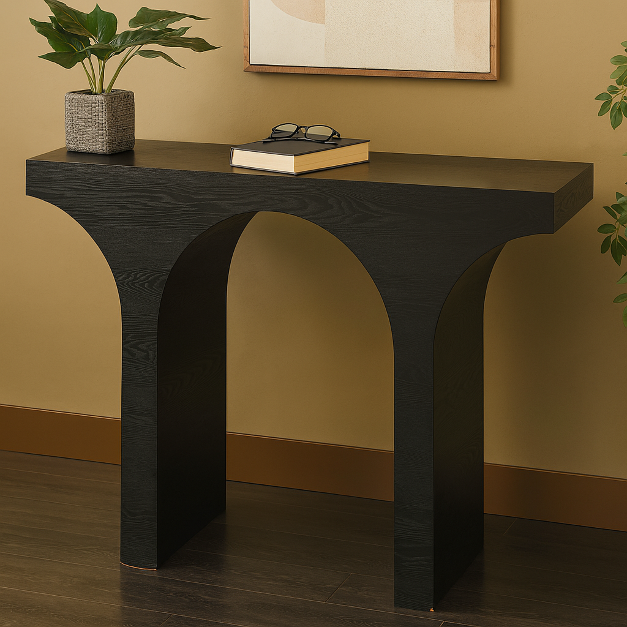 Abstract Black Wood Cutout Arch Living Room Console Table