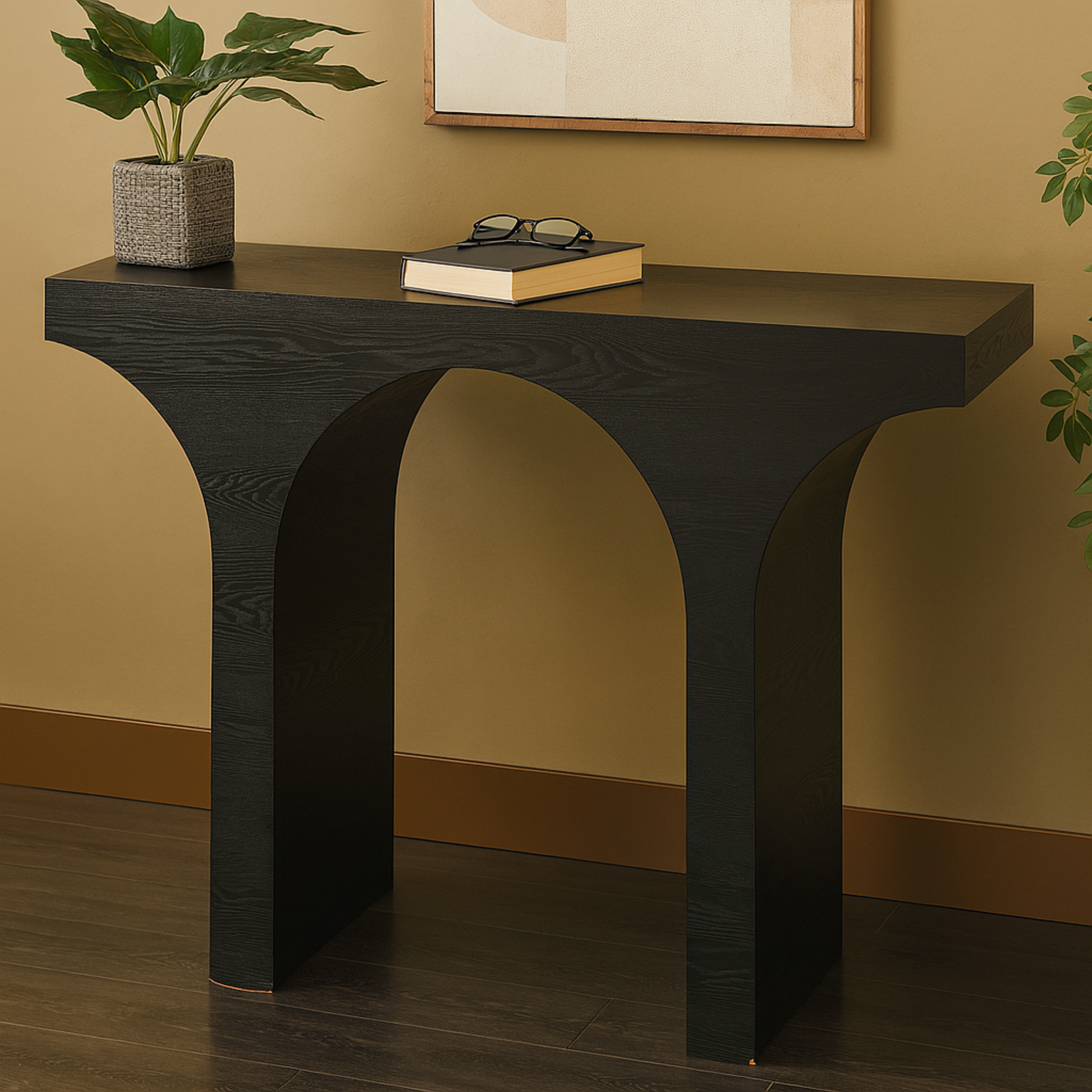 Abstract Black Wood Cutout Arch Living Room Console Table