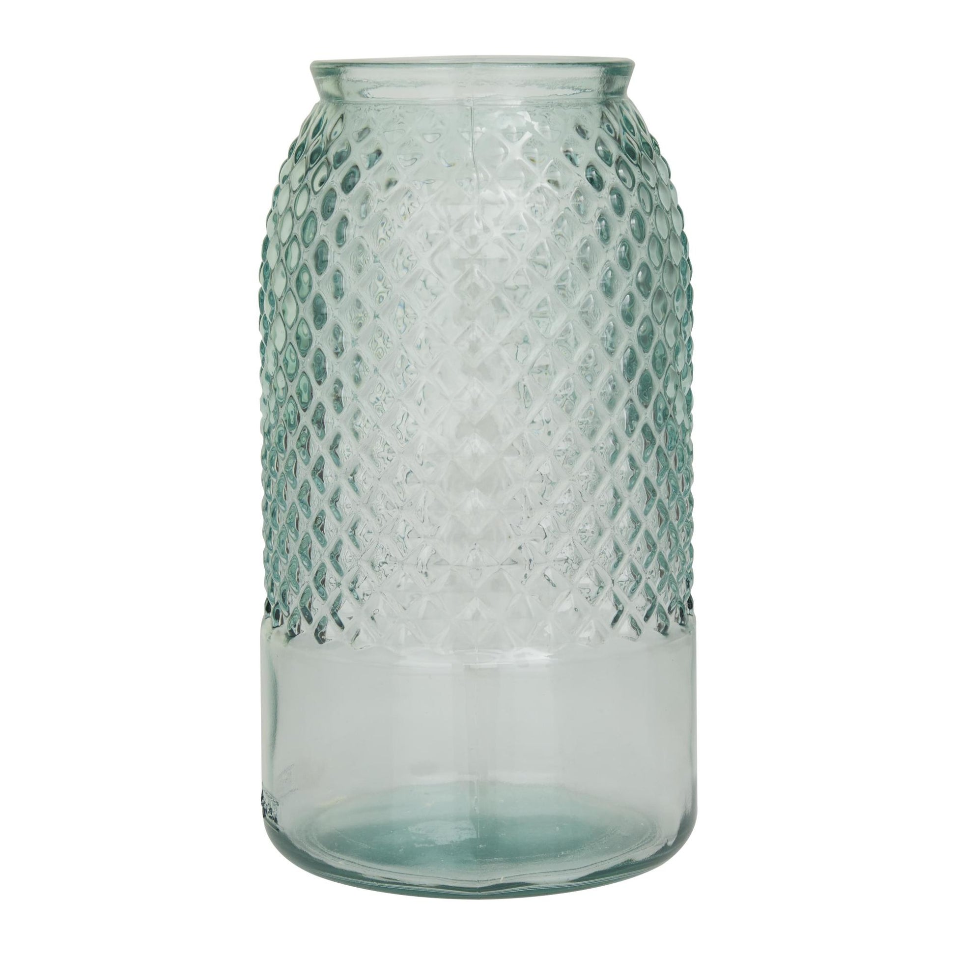 Teal Recycled Glass Handmade Slim Spanish Decorative Vase with Textured Diamond Pattern