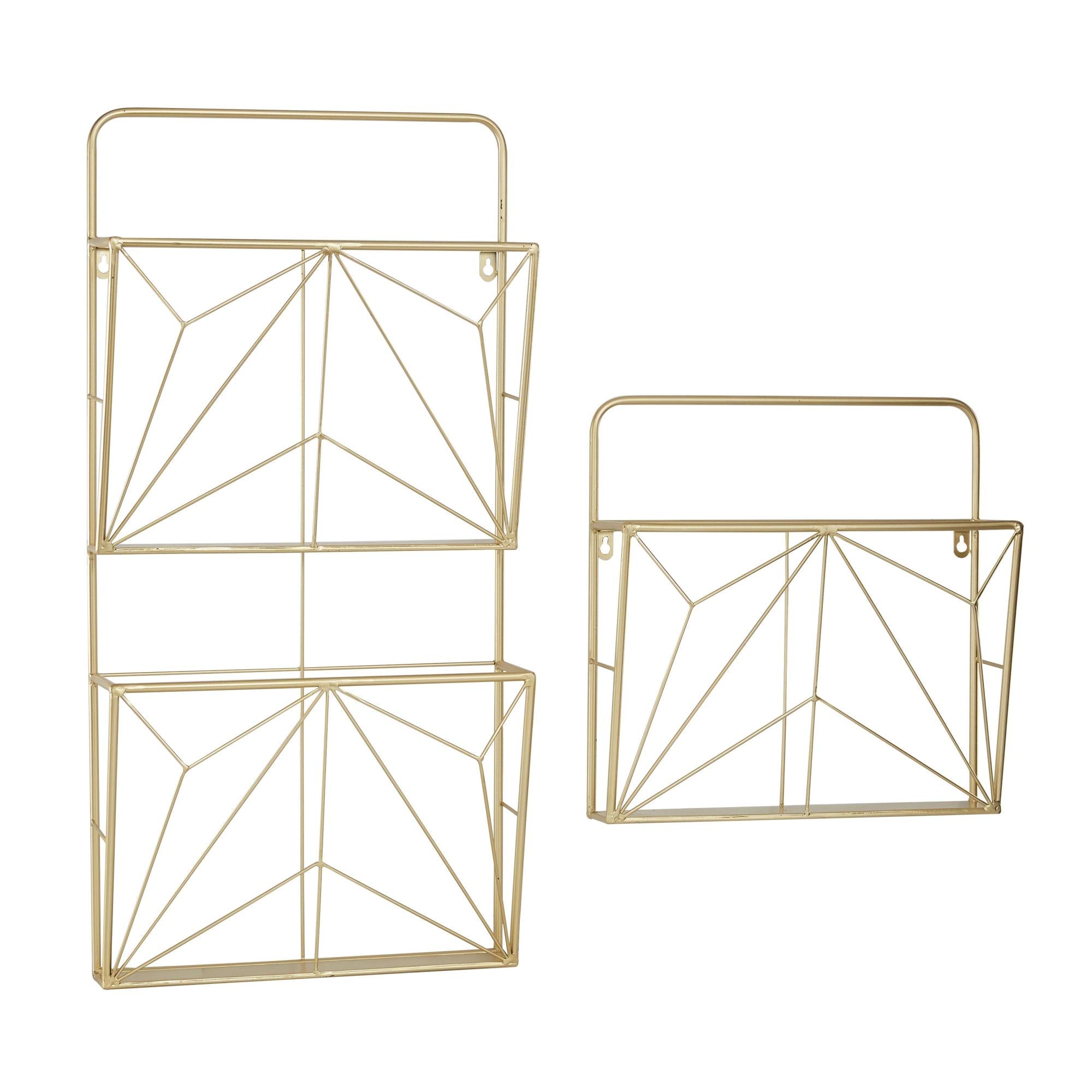 Set of 2 Geometric Gold Metal 3 Slot Room Wall Shelf