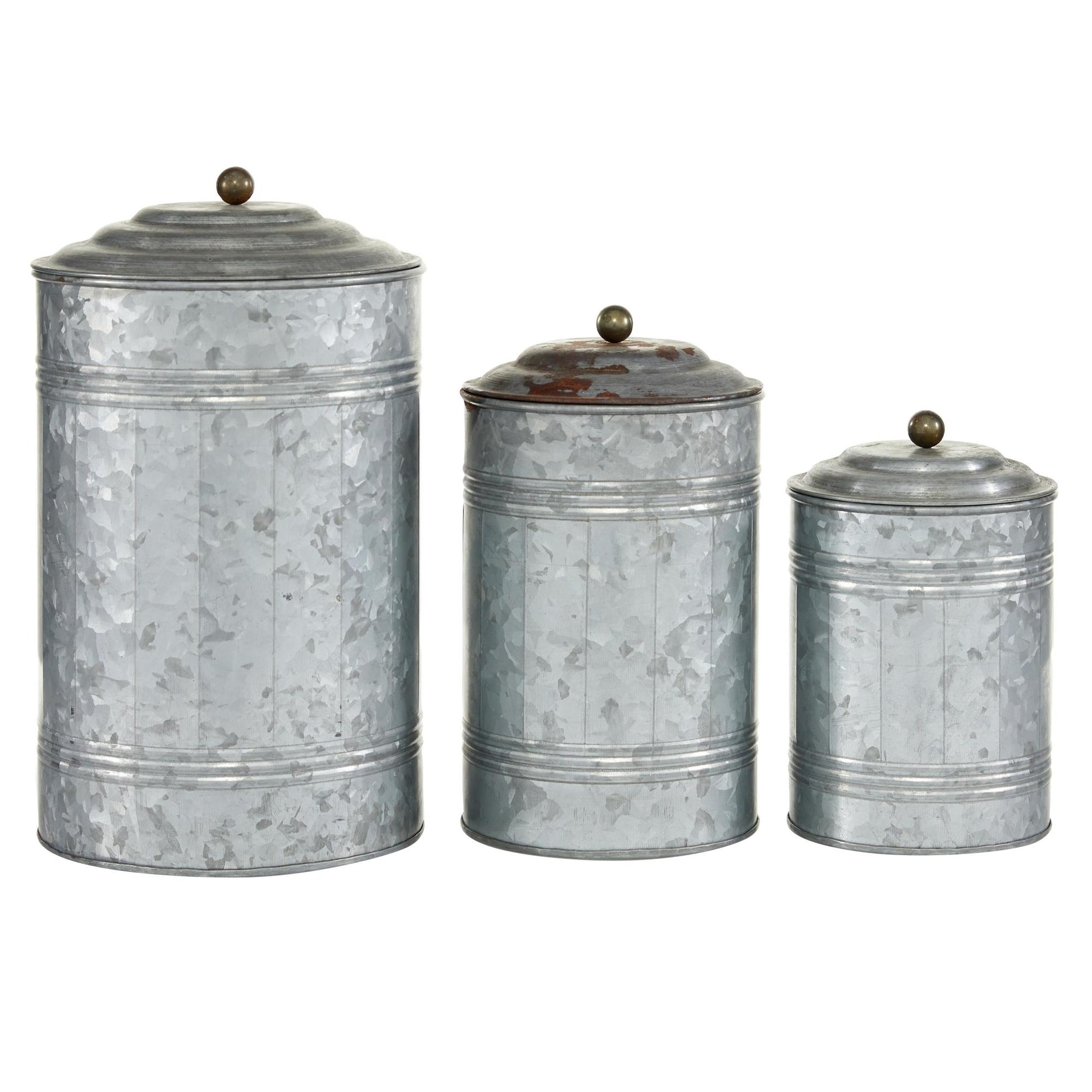Set of 3 Gray Metal Galvanized Ribbed Living Room Decorative Jars with Gold Ball Knobs