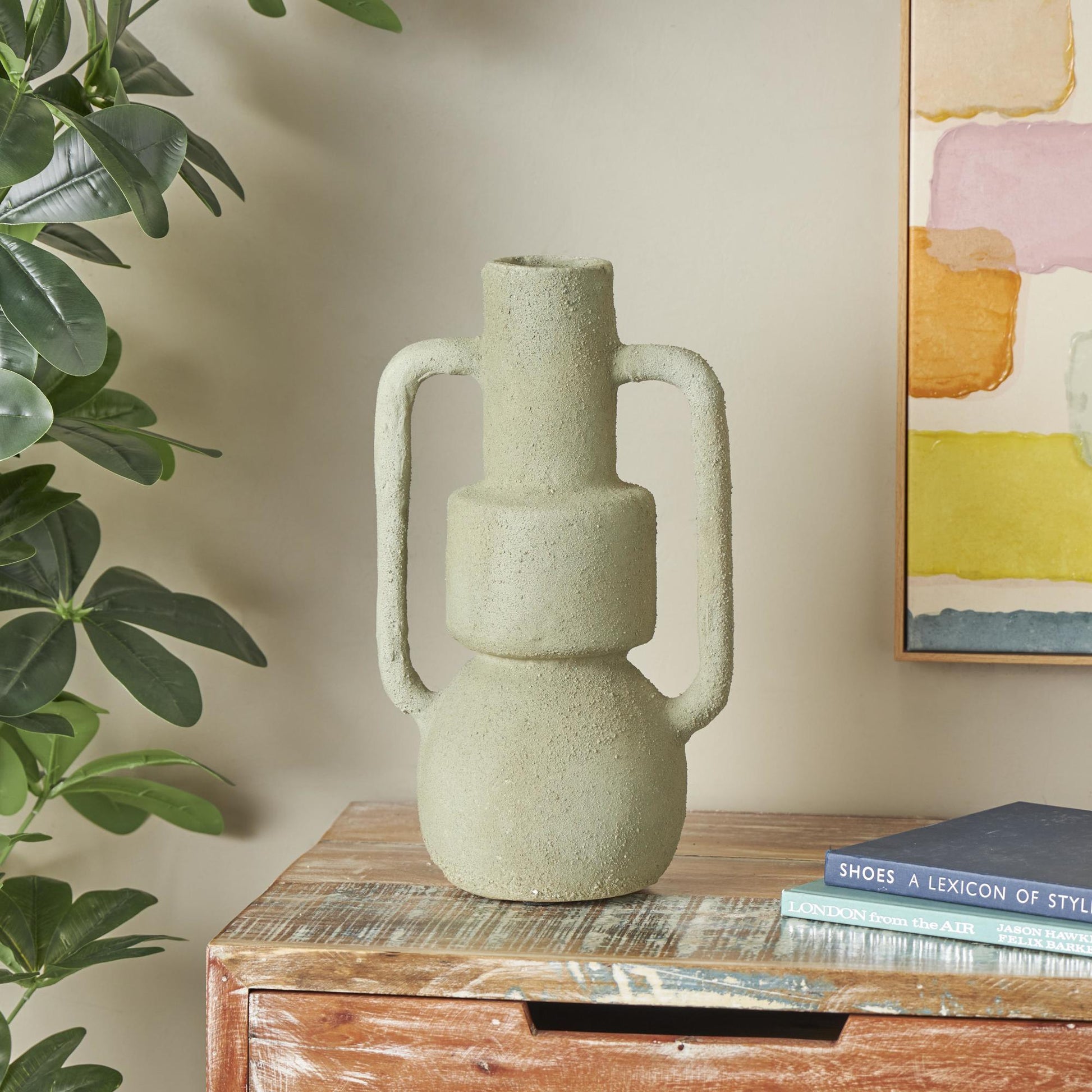 Abstract Light Gray Paper Mache Textured Decorative Vase with Squared Handles