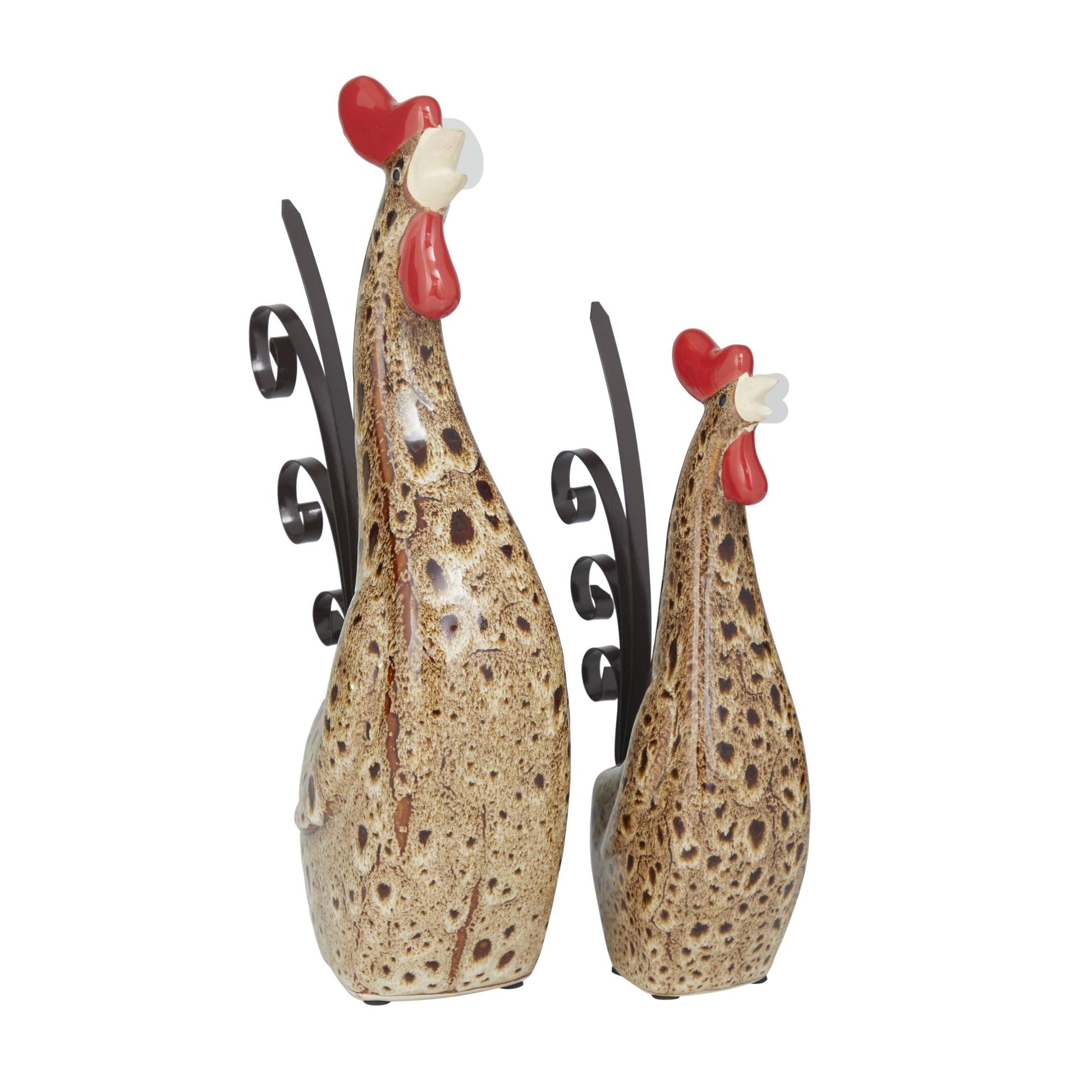 Set of 2 Rooster Cream Ceramic Indoor Outdoor Standing Decorative Garden Sculpture with Reactive Glaze Finish