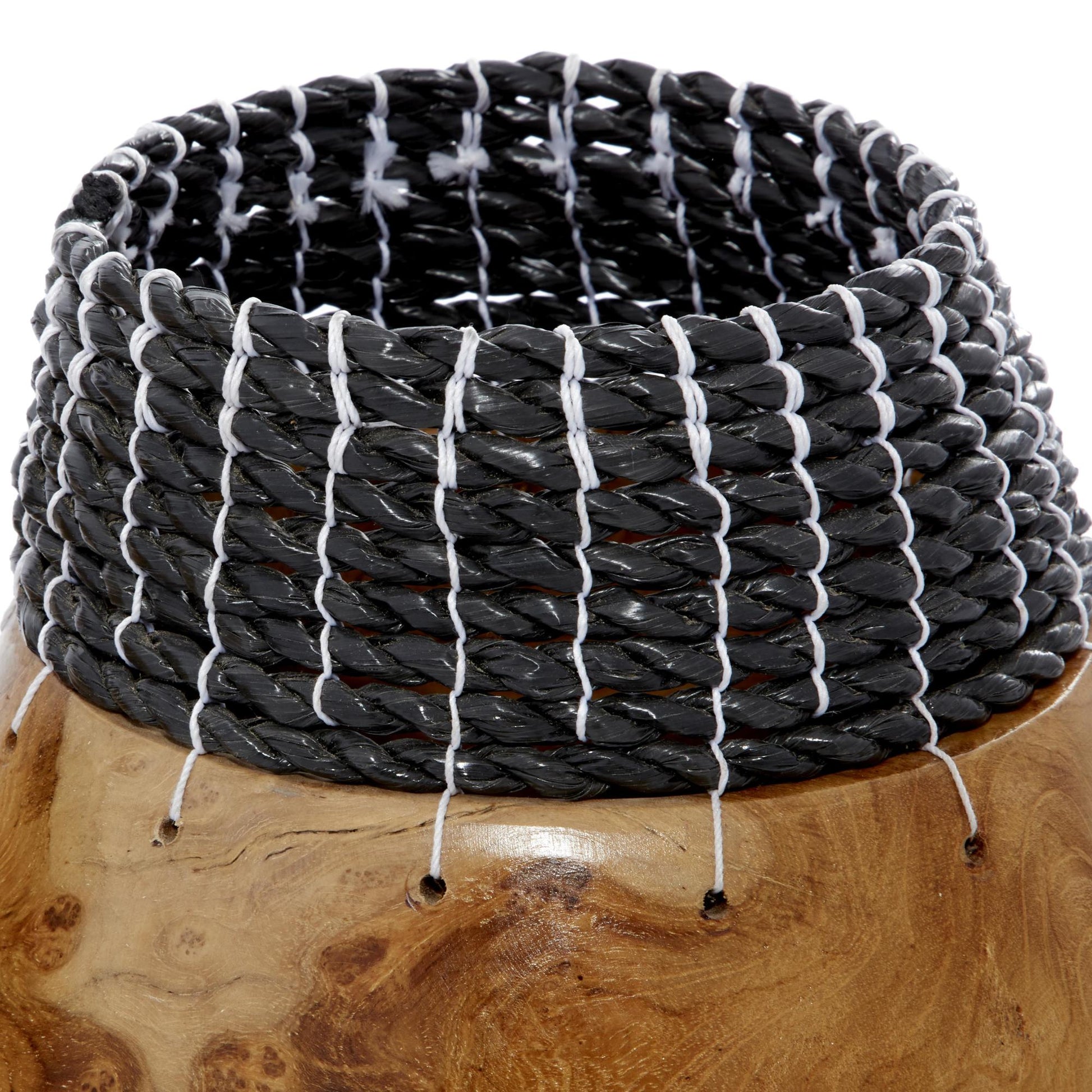 Set of 2 Wood Handmade Decorative Vase with Black Seagrass Accents