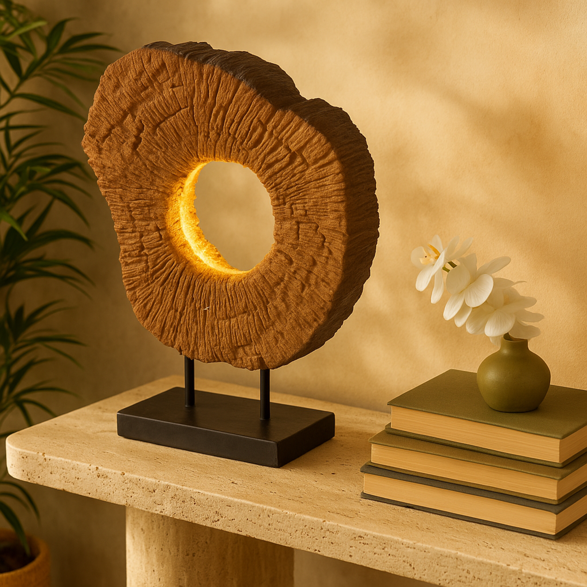 Brown Room Table Lamp with Round Cutout and Black Base