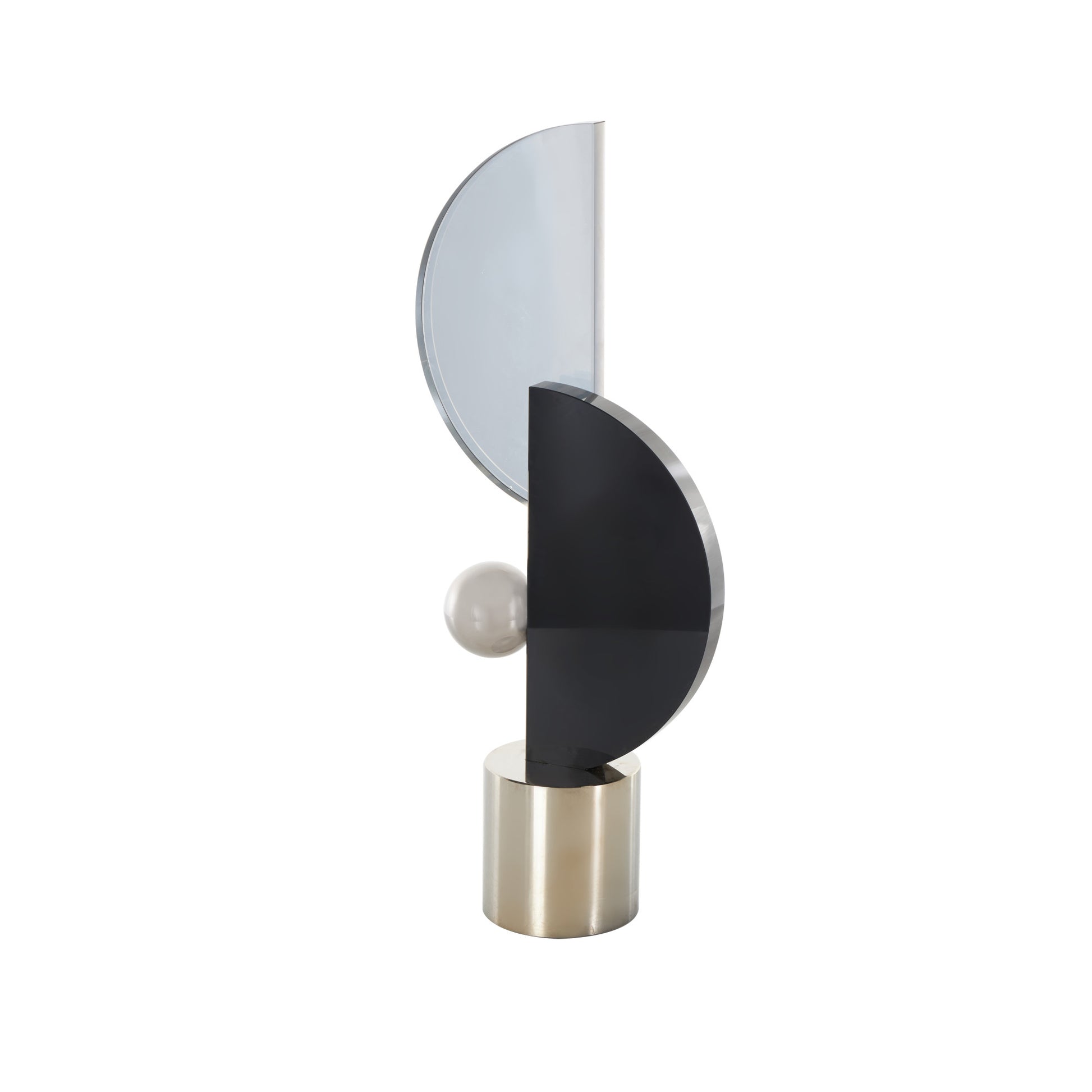 Abstract Black Glass Decorative Sculpture with Silver Orb and Base