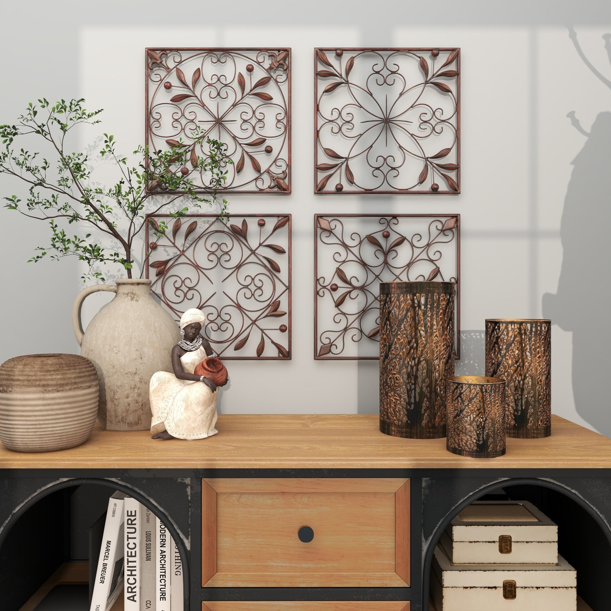 Set of 4 Scroll Dark Brown Metal Home Wall Decor