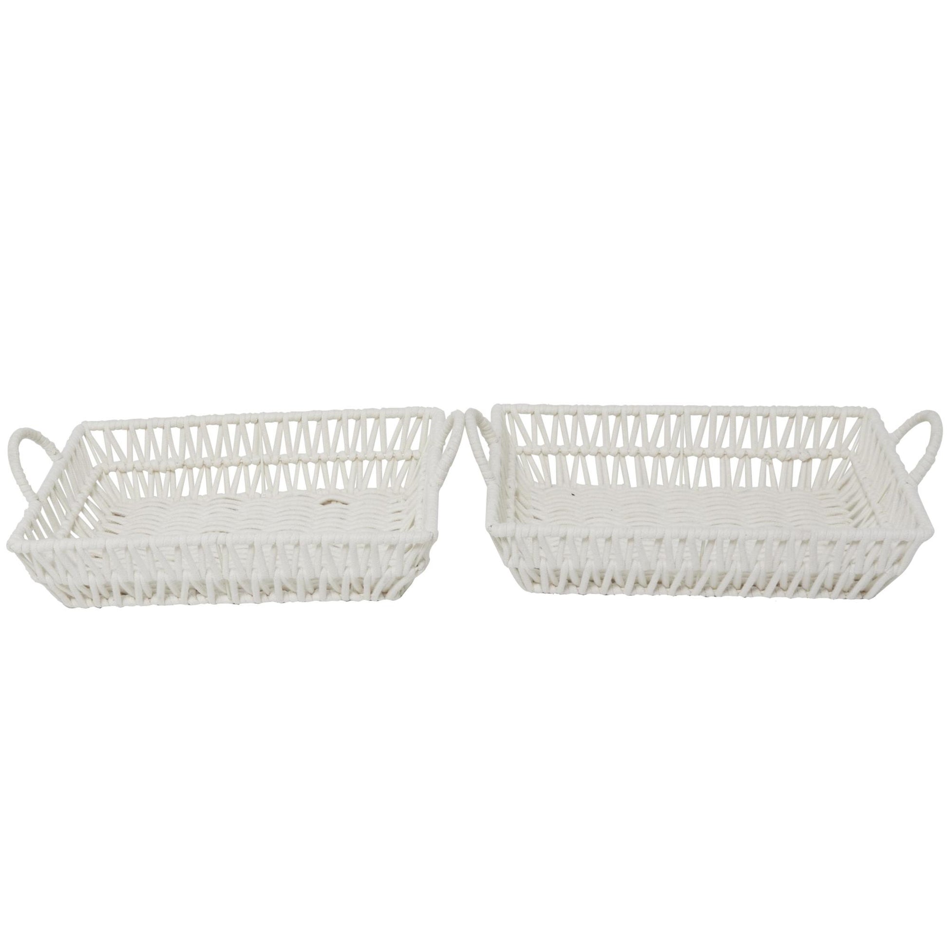 Set of 2 White Cotton Fabric Handmade Woven Living Room Decor Tray with Handles