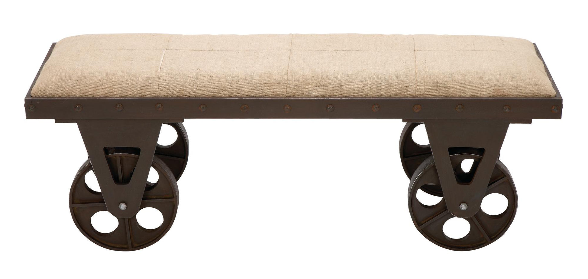Brown Linen Fabric Vintage Industrial Inspired Home Bench with Wheels and Linen Upholstered Seat