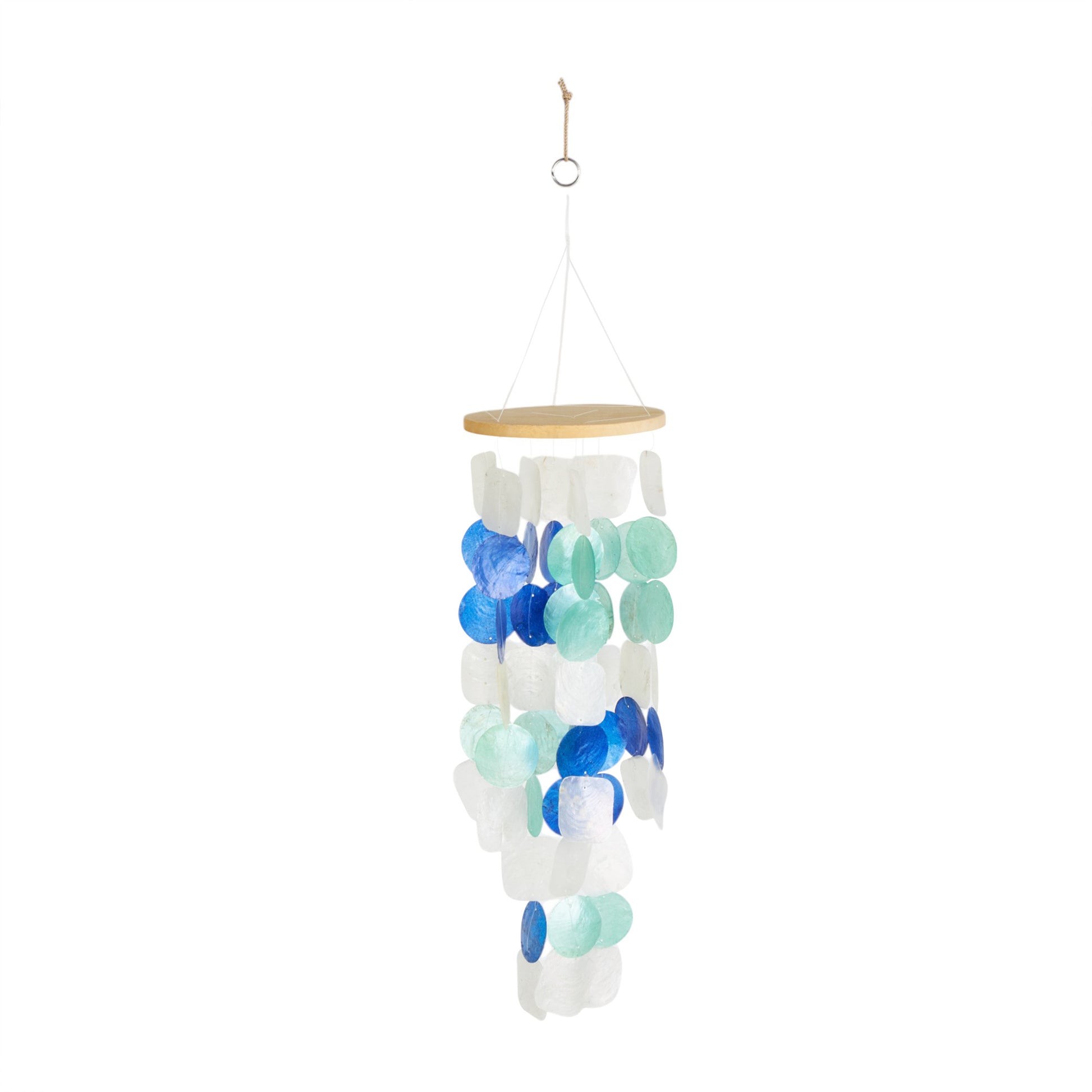 Geometric White Capiz Shell Waterfall Indoor Outdoor Windchime with Blue and Teal Accents