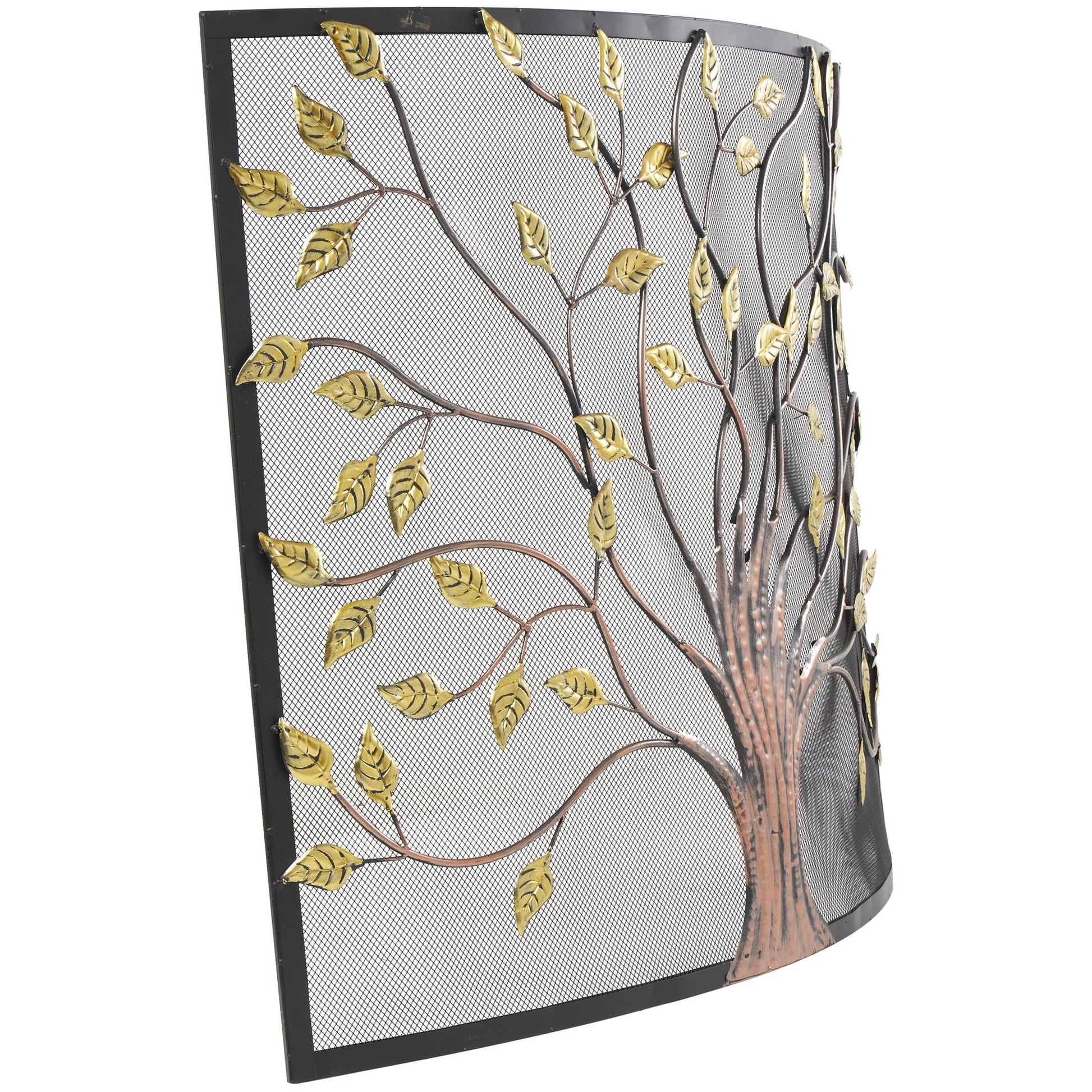 Tree Bronze Metal Sculpted Relief Single Panel Living Room Fireplace Screen with Curved Mesh Netting