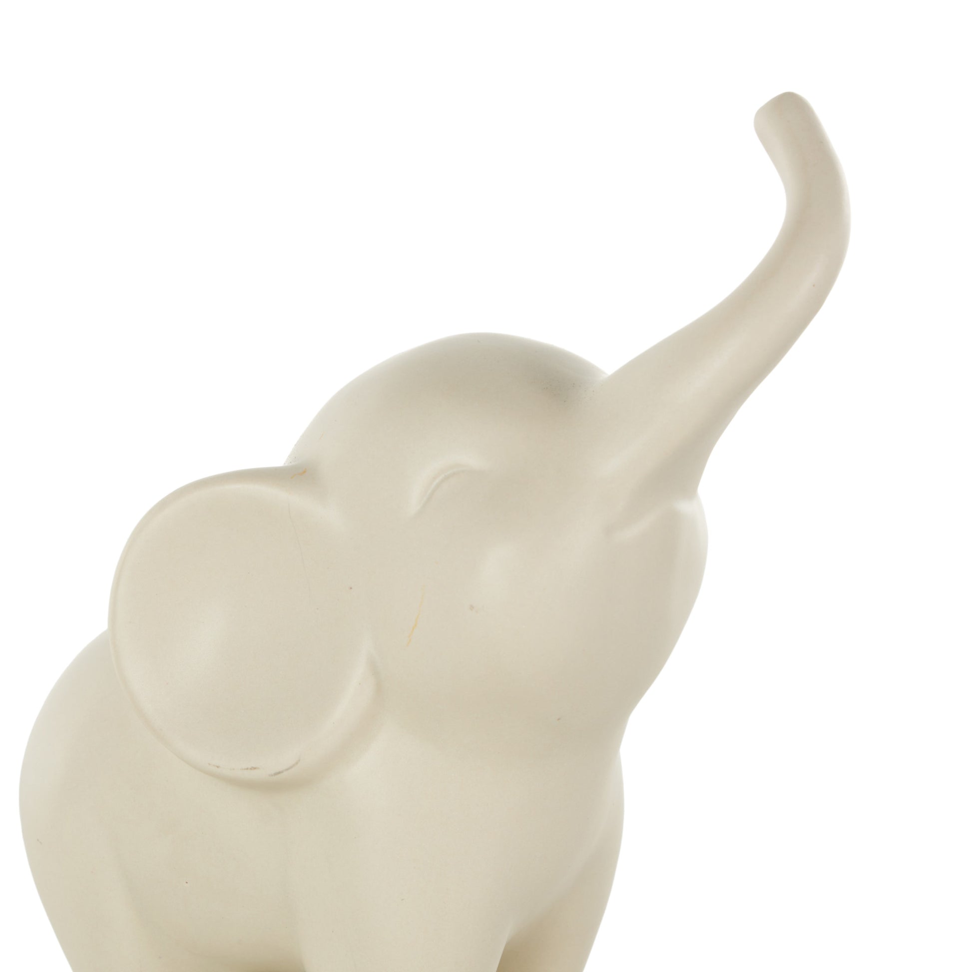 Set of 2 Elephant White Ceramic Trumpeting Decorative Sculpture with Round Base