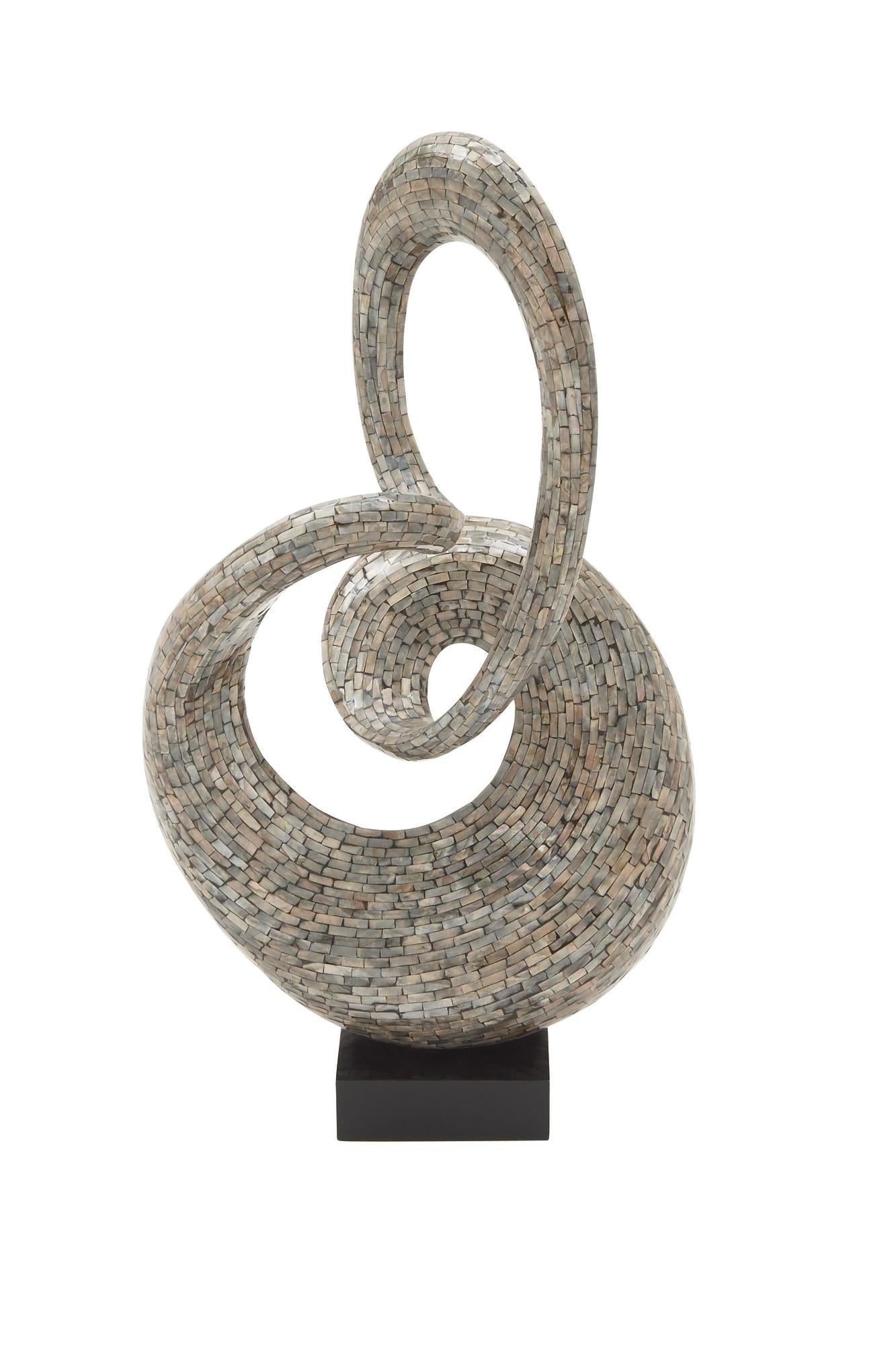 Abstract Gray Mother of Pearl Shell Swirl Decorative Sculpture with Black Base