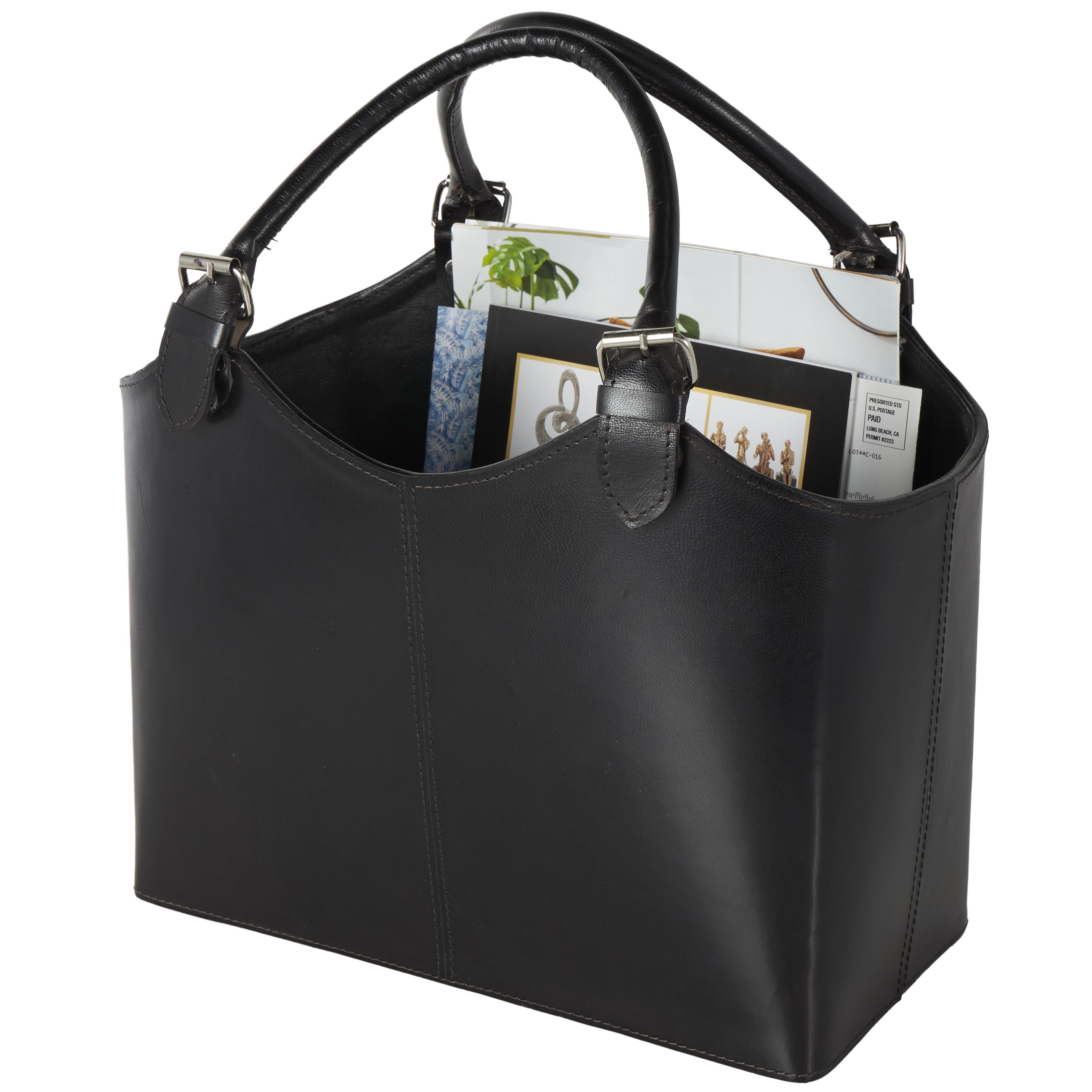 Leather Handmade Box Style Decorative Magazine Holder with Detail Stitching and Curved Buckle Handles