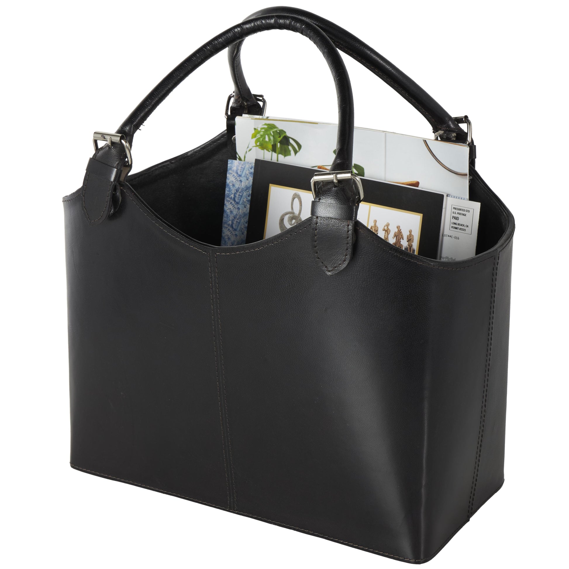 Leather Handmade Box Style Decorative Magazine Holder with Detail Stitching and Curved Buckle Handles
