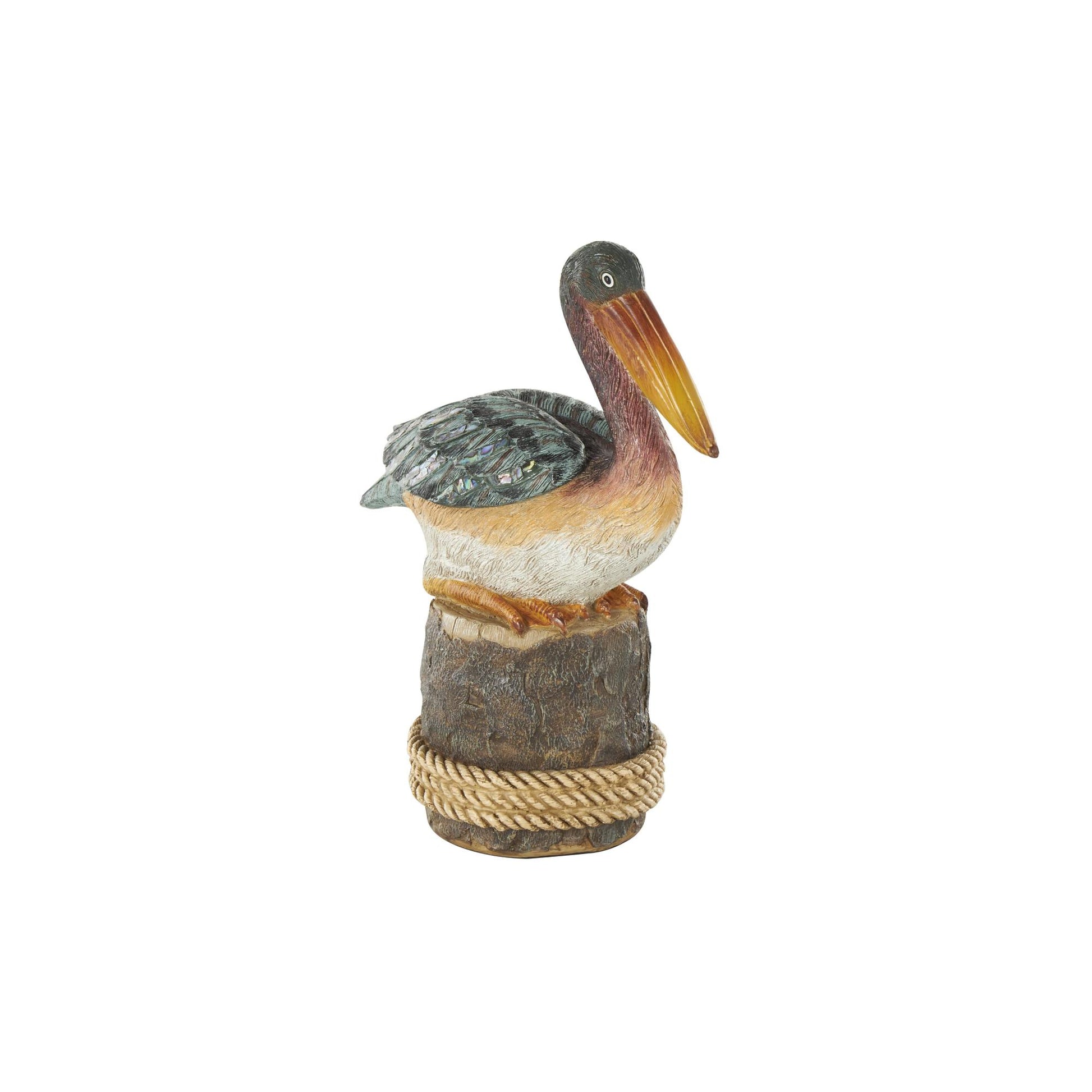 Pelican Teal Resin Textured Sitting Decorative Sculpture with Brown Block and Shiny Accents