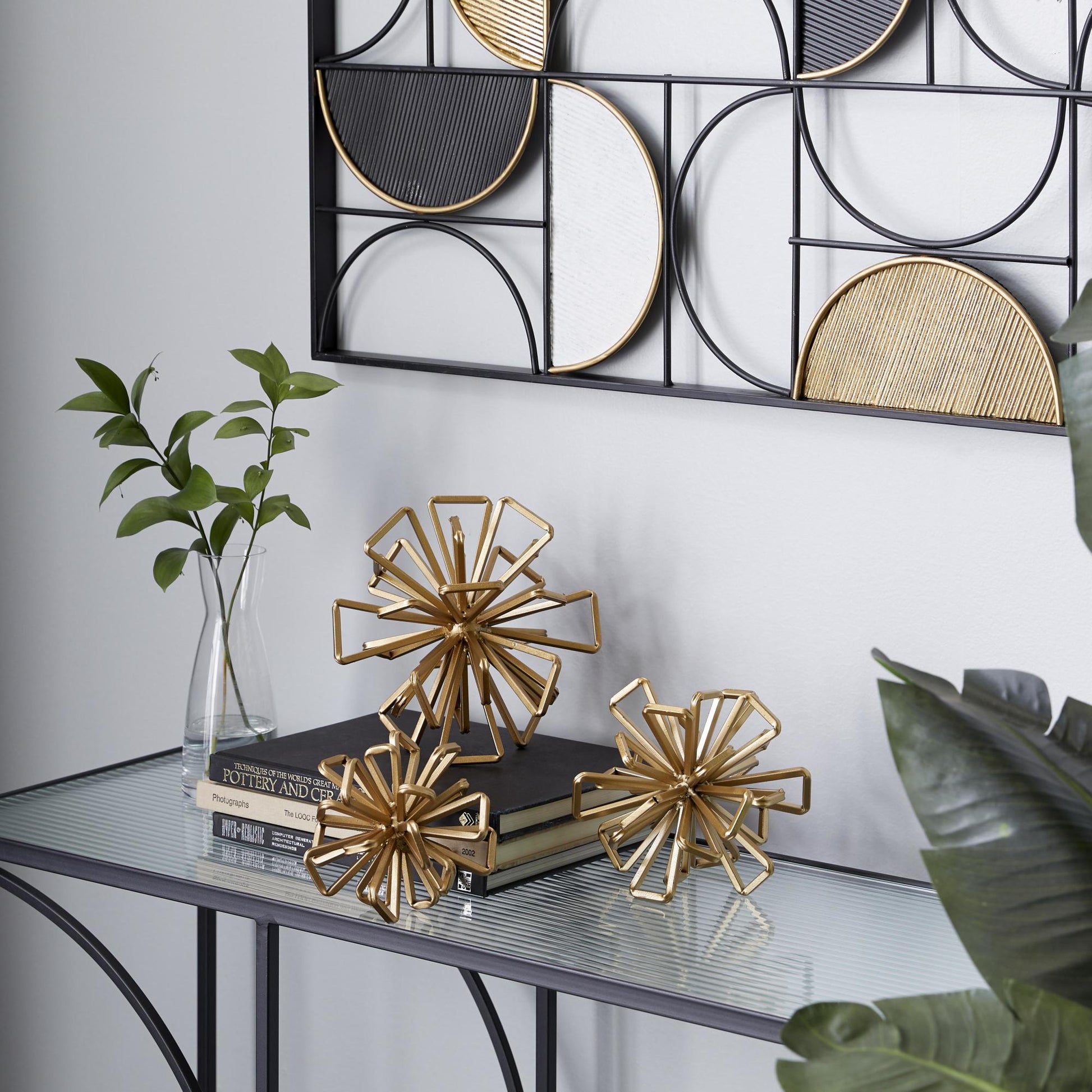 Set of 3 Geometric Gold Metal Wire Rod Orb Decorative Sculpture