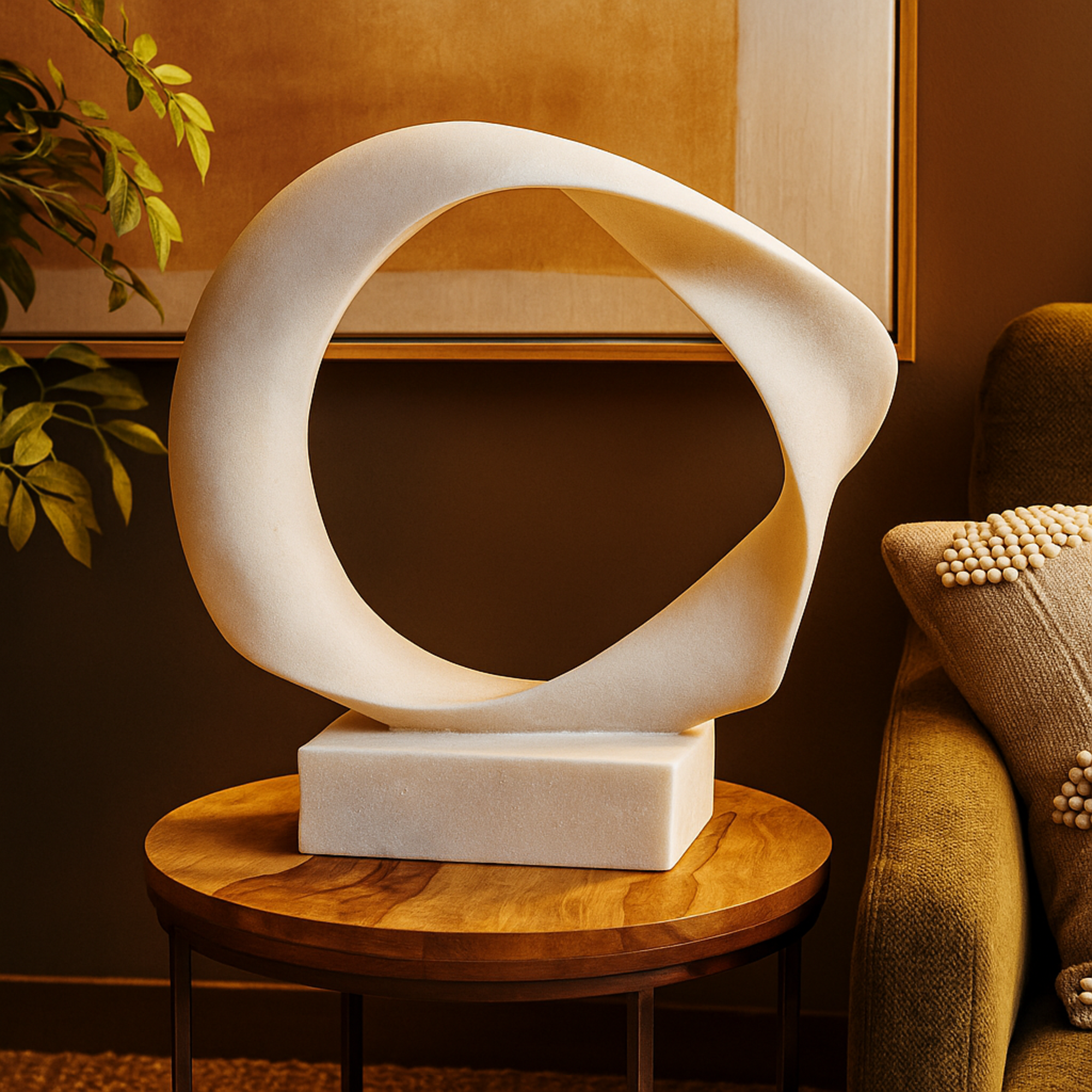 Abstract White Polystone Textured Open Wave Decorative Sculpture with Elevated Base