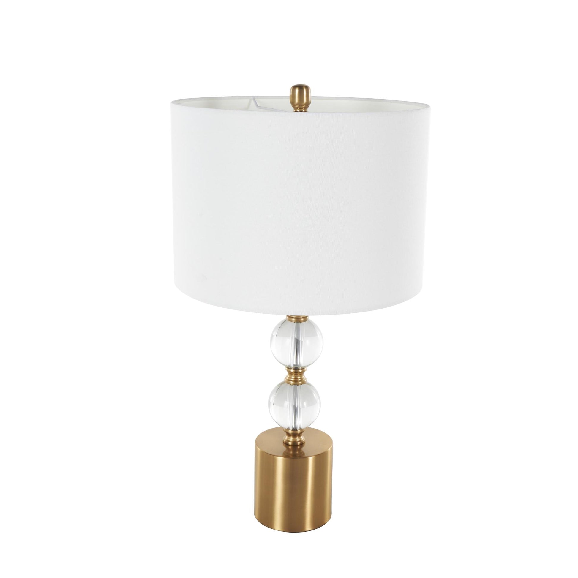 Clear Crystal Stacked Orbs Room Table Lamp with White Drum Shade and Gold Base