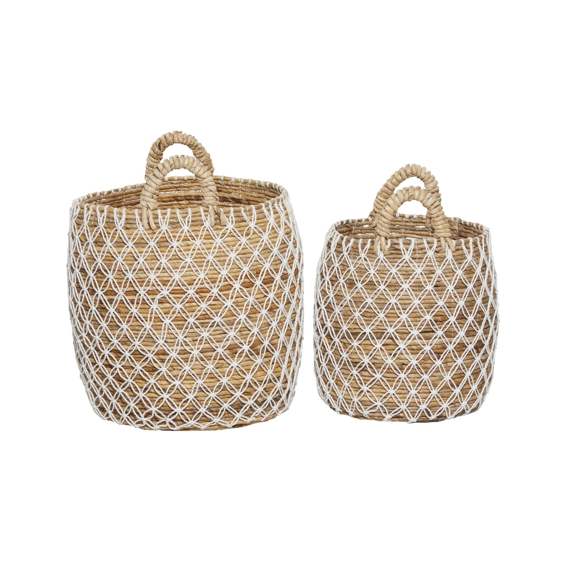 Set of 2 Brown Banana Leaf Handmade String Detail Decorative and Functional Storage Basket with Handles