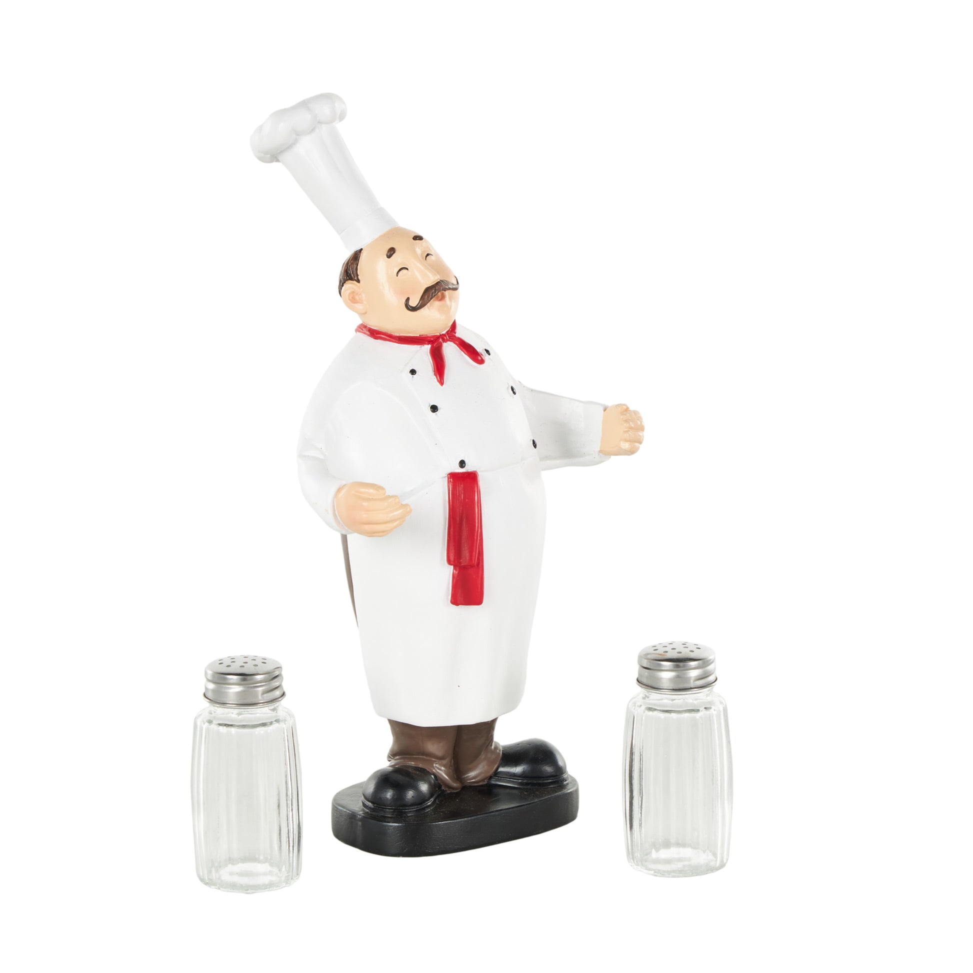 Chef White Polystone Kitchen Decorative Figurine Decorative Salt and Pepper Shaker Holder with Red Accents