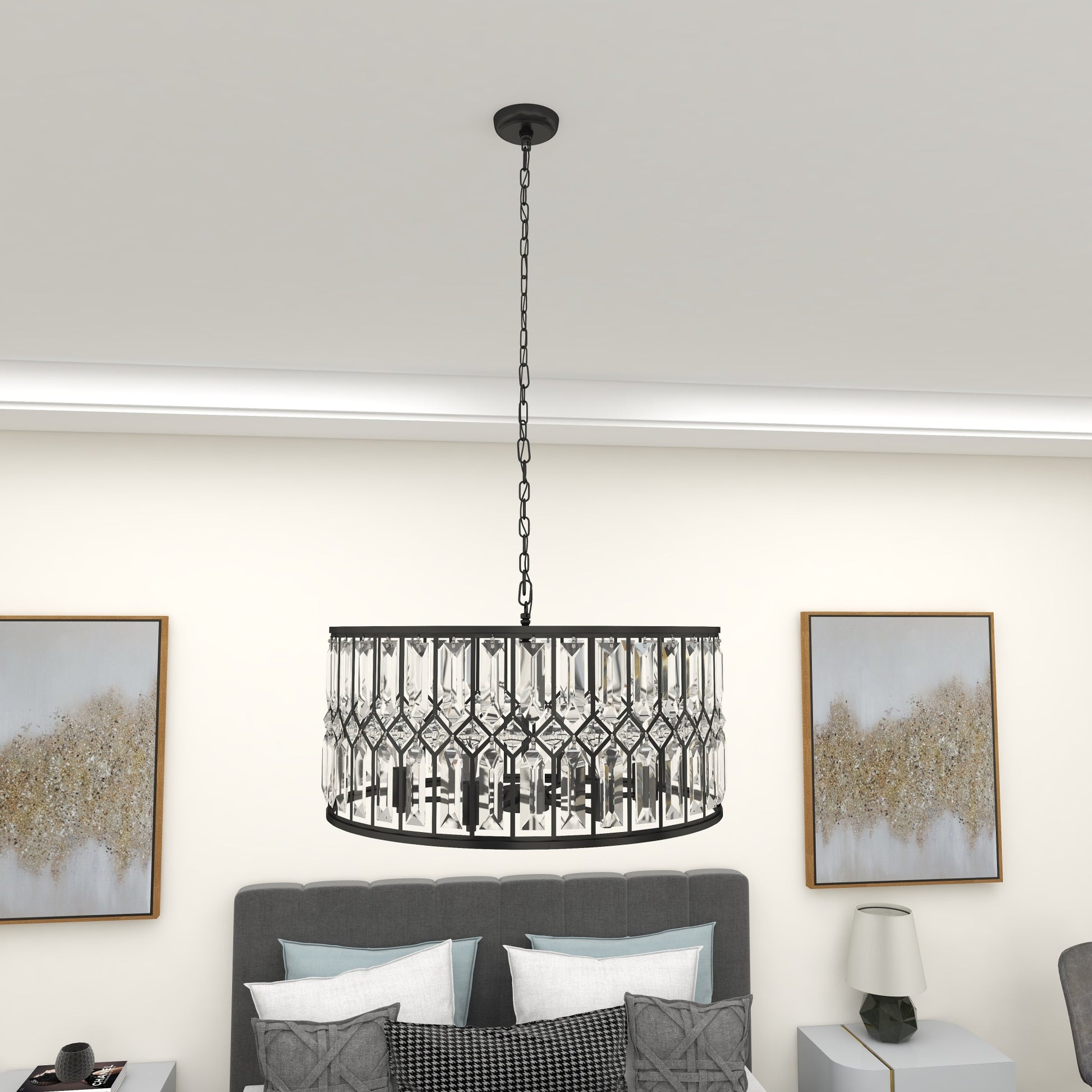 Geometric Black Metal Crystal Embellished 6 Light Room Chandelier with Link Chain