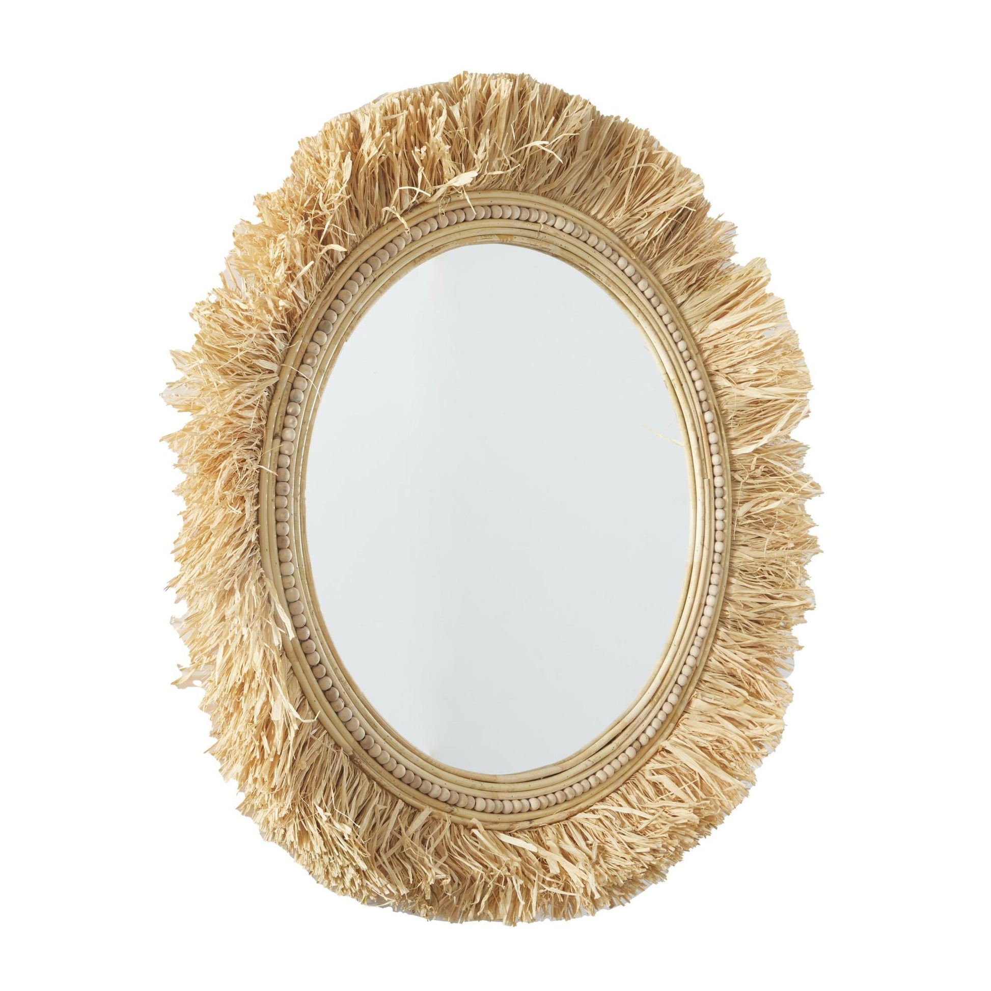 Tribal Light Brown Seagrass Room Wall Mirror with Fringe Detailing