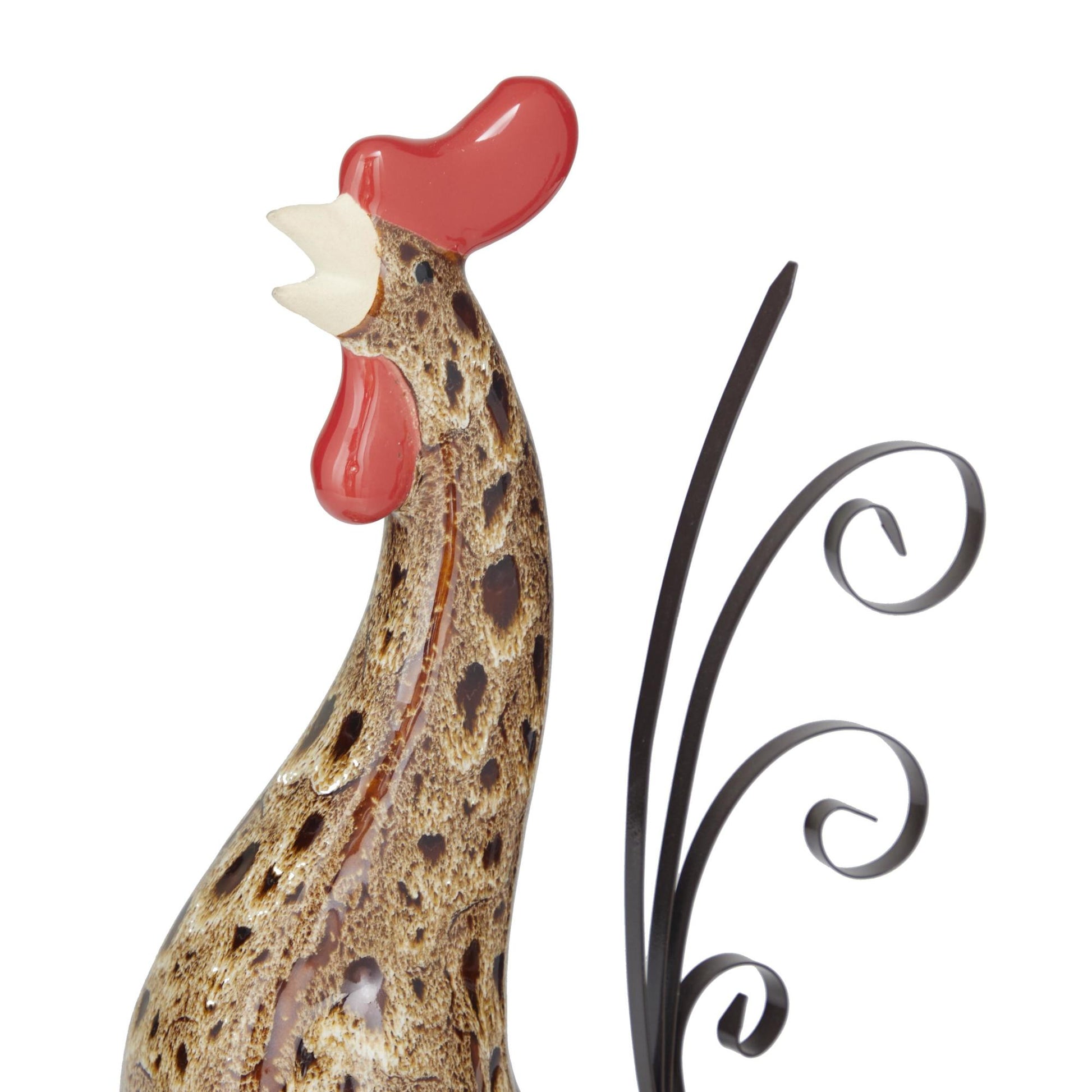 Set of 2 Rooster Cream Ceramic Indoor Outdoor Standing Decorative Garden Sculpture with Reactive Glaze Finish