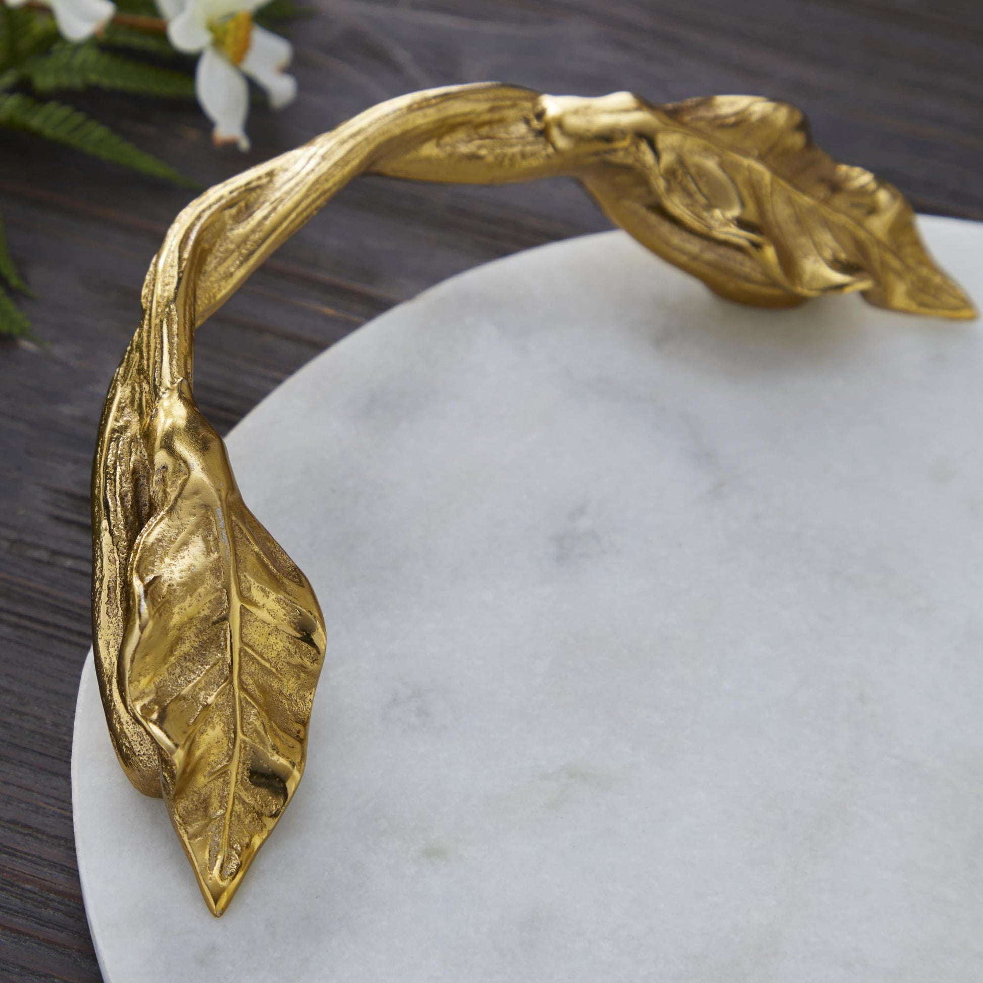 Leaf Marble Oval Living Room Decor Tray with Gold Twisted Metal Handles