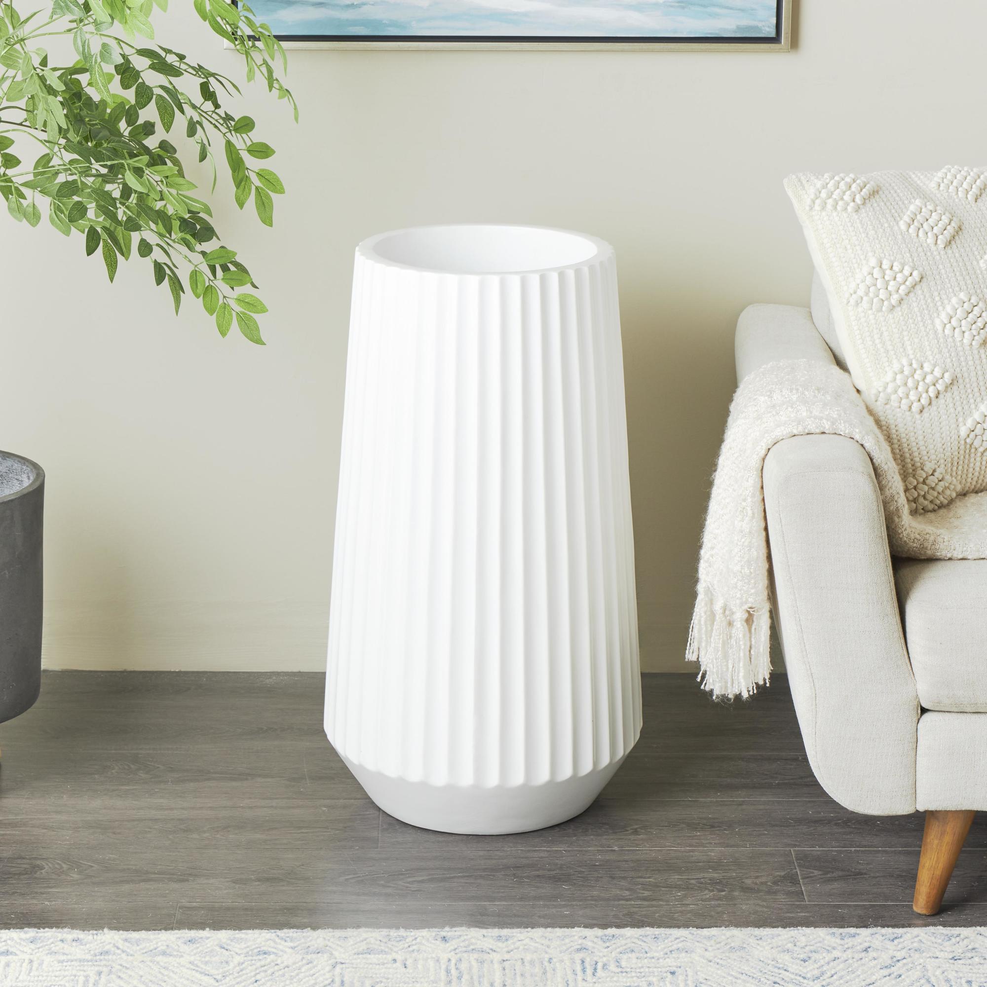 White Resin Large Ribbed Floor Decorative Vase