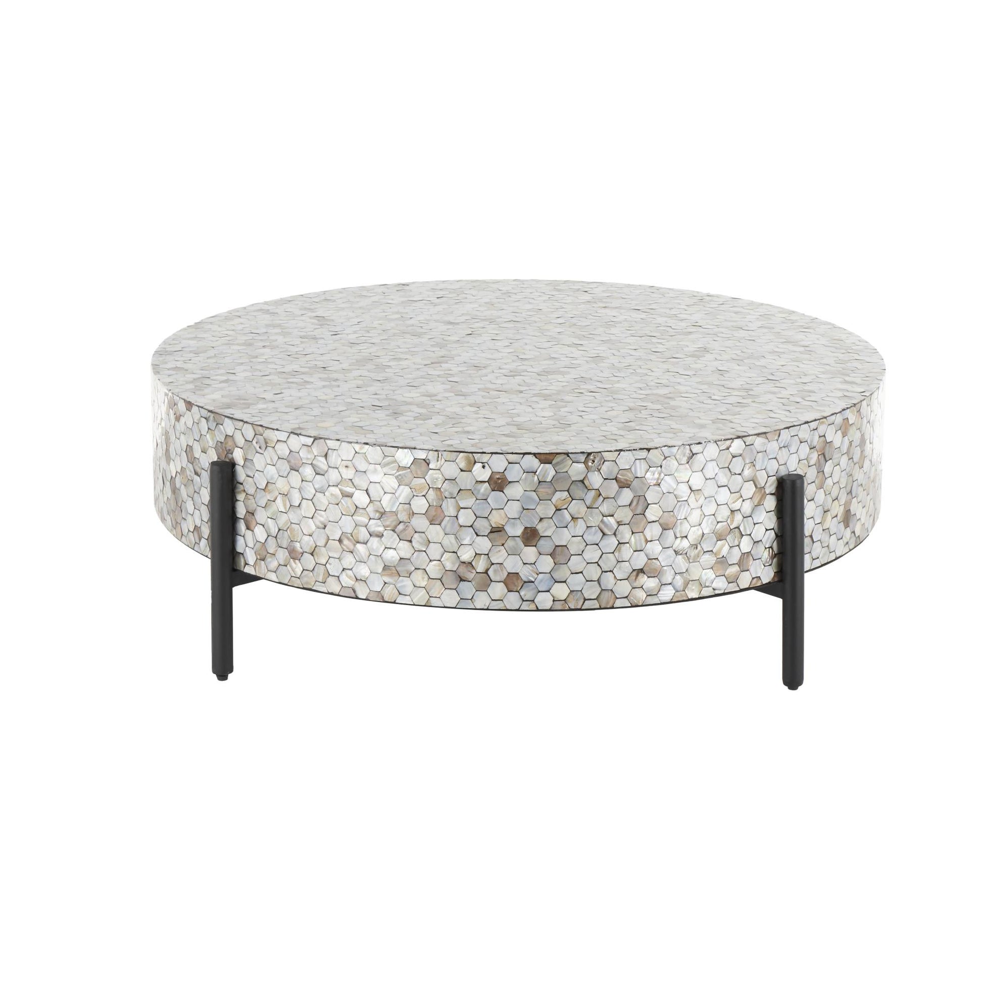 Geometric Mother of Pearl Shell Handmade Mosaic Inlay Living Room Coffee Table with Black Metal Legs 38" x 38" x 12"