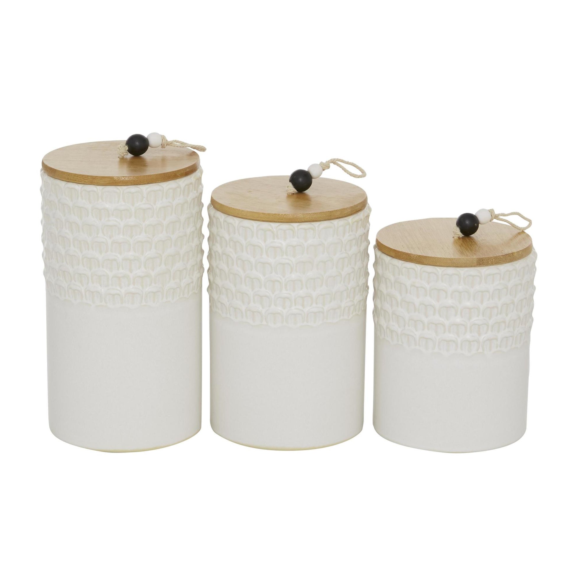 Set of 3 White Ceramic Textured Living Room Decorative Jars with Wood Lids and Black Beaded Accents