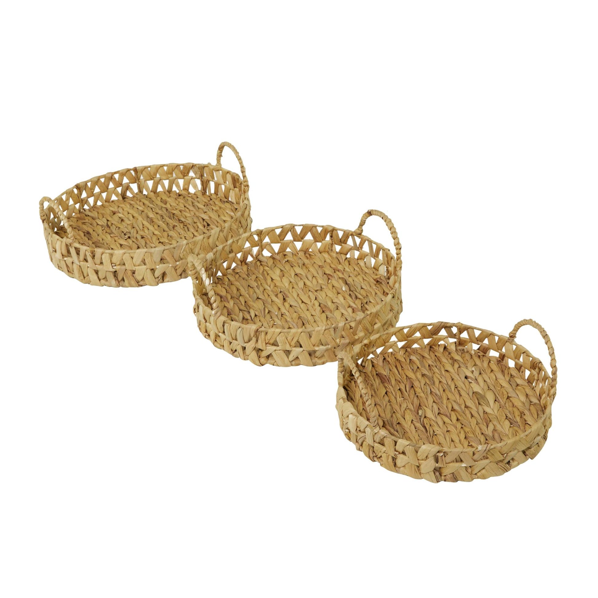 Set of 3 Brown Seagrass Handmade Woven Living Room Decor Tray with Handles