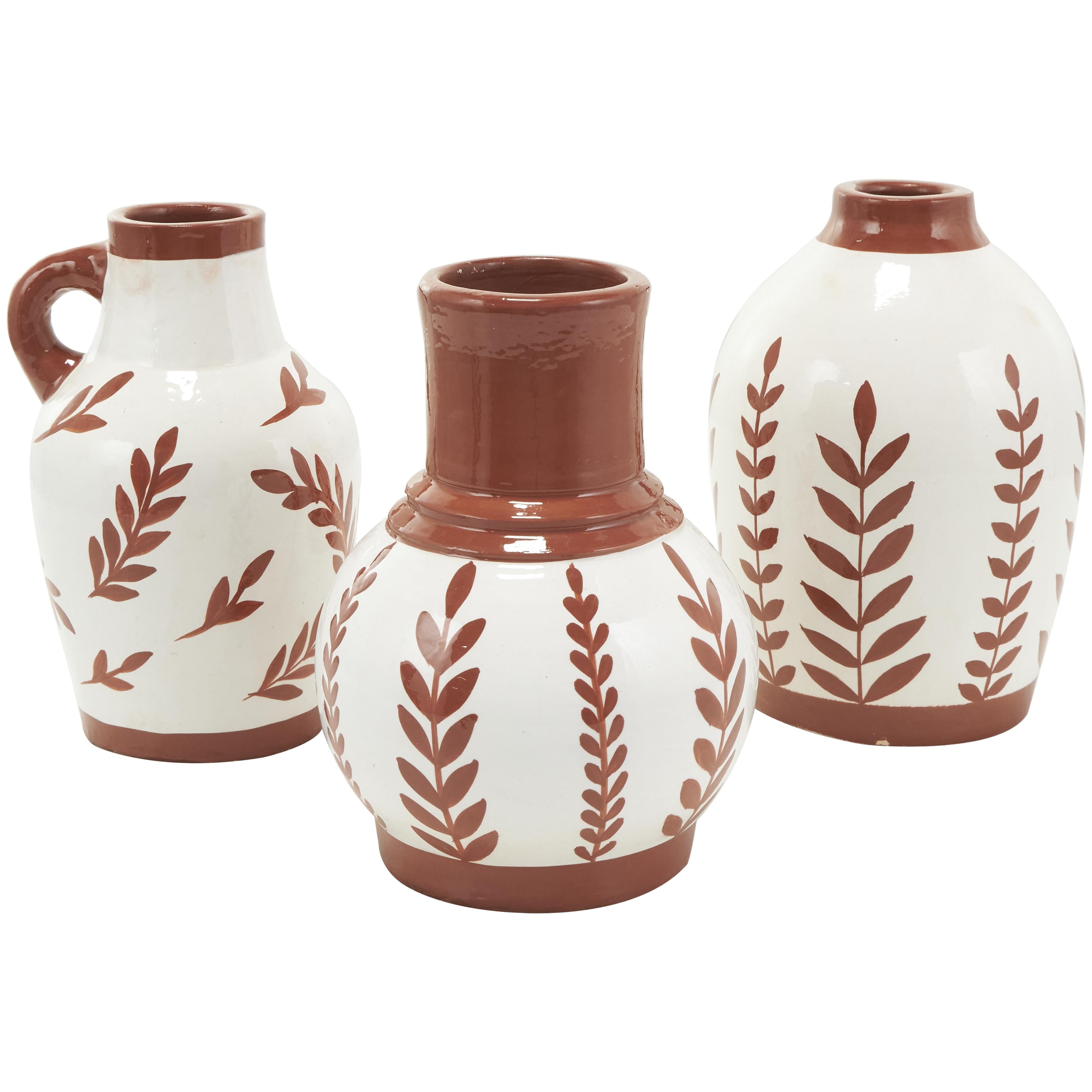 Set of 3 Floral Ceramic Decorative Vase with Terracotta Colored Detailing