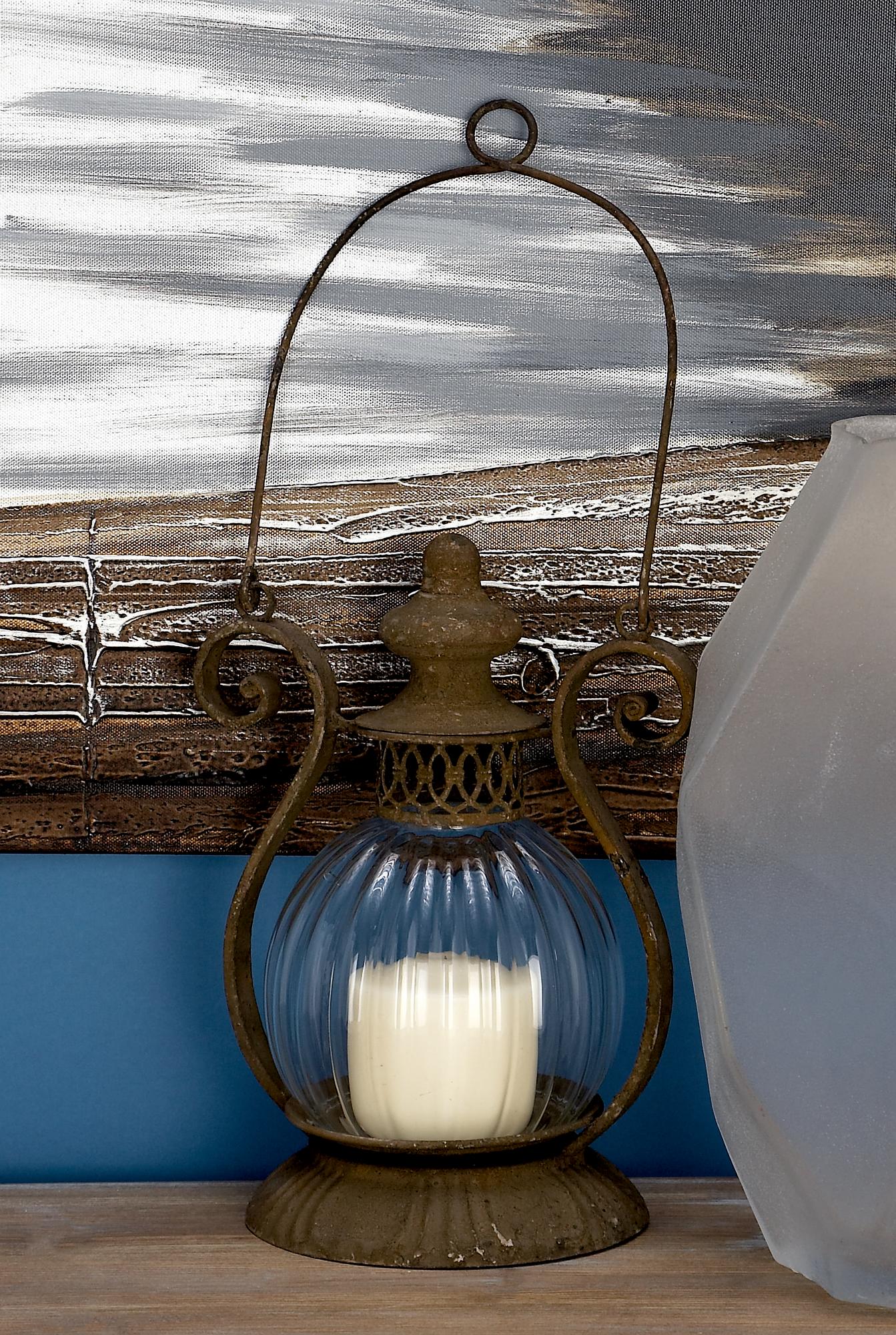 Scroll Brown Metal Decorative Indoor Outdoor Candle Lantern with Handle