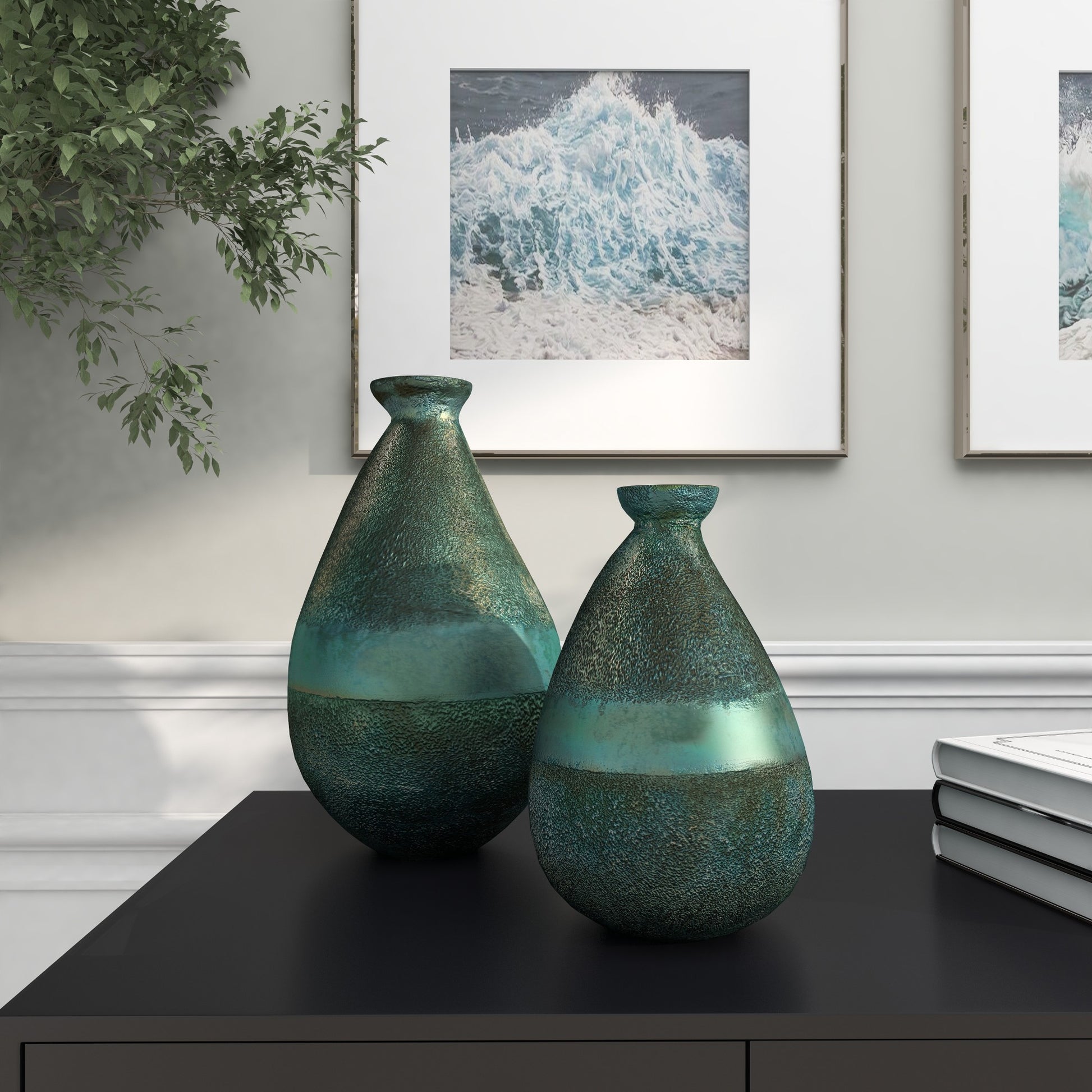 Set of 2 Glass Textured Teardrop Decorative Vase with Textured Base