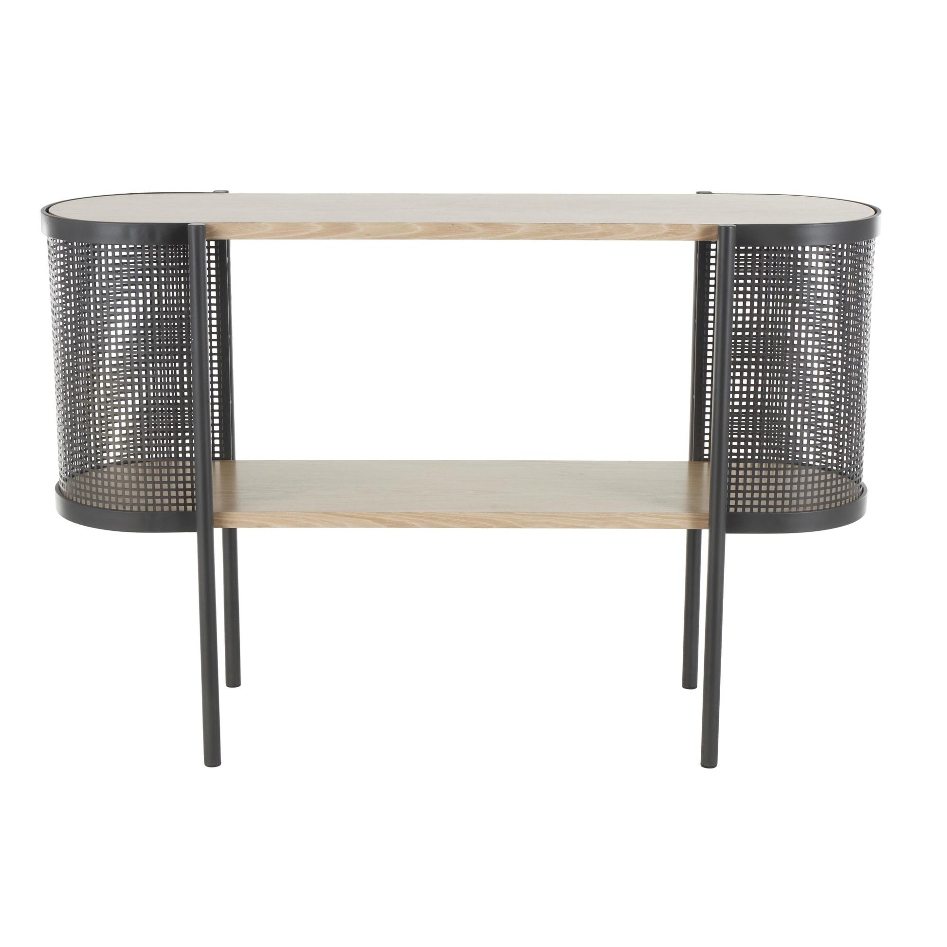 Light Brown Wooden Oval Two-Toned Living Room Console Table with Mesh Side Panels and Brown Wood Tabletop