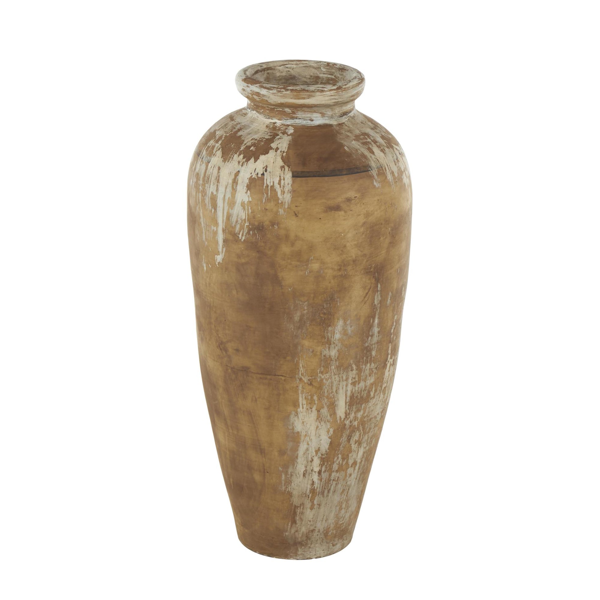 Brown Ceramic Antique Style Distressed Patina Decorative Vase with Beige Accents