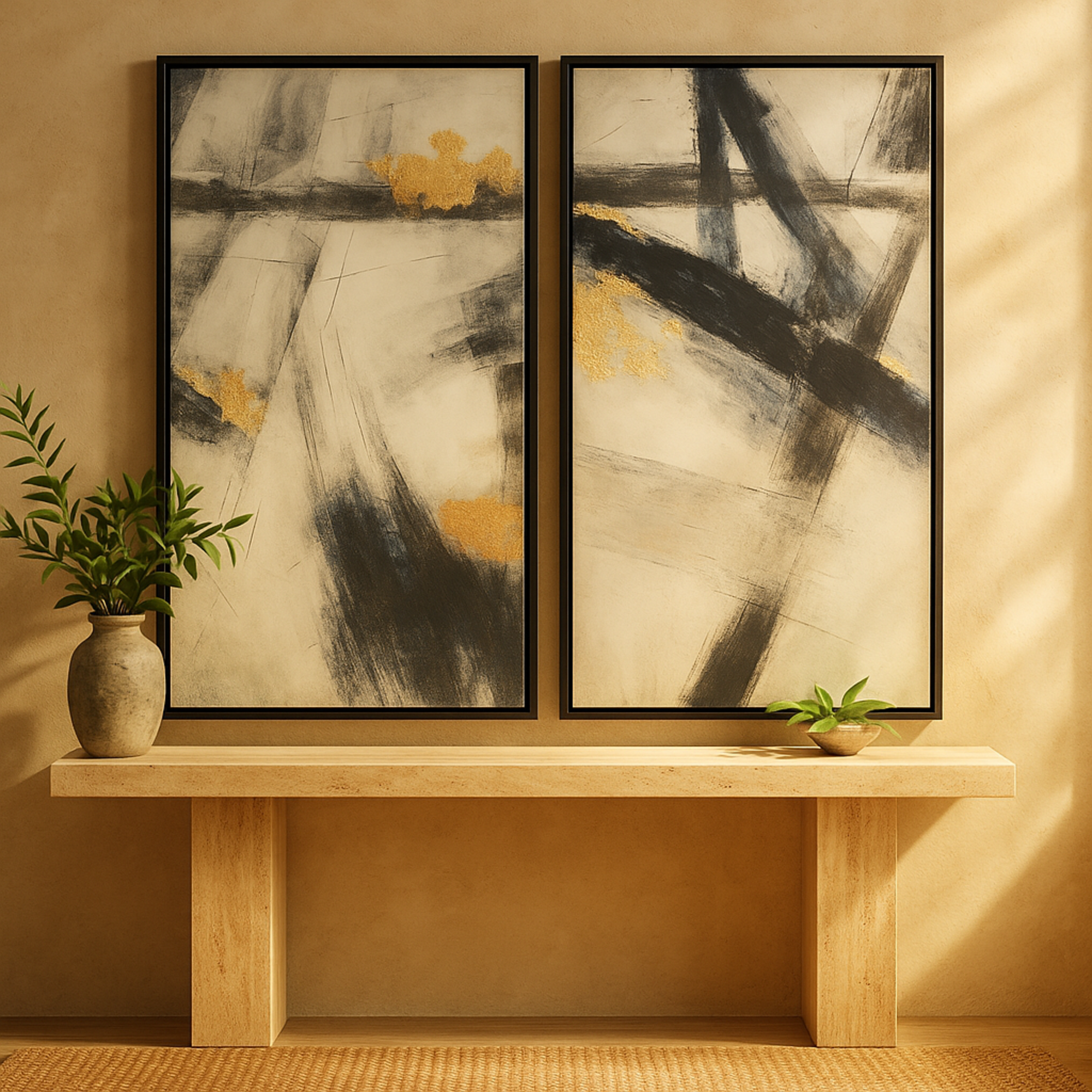 Set of 2 Abstract Light Gray Canvas Lines Living Room Framed Wall Art with Gold Foil Accents
