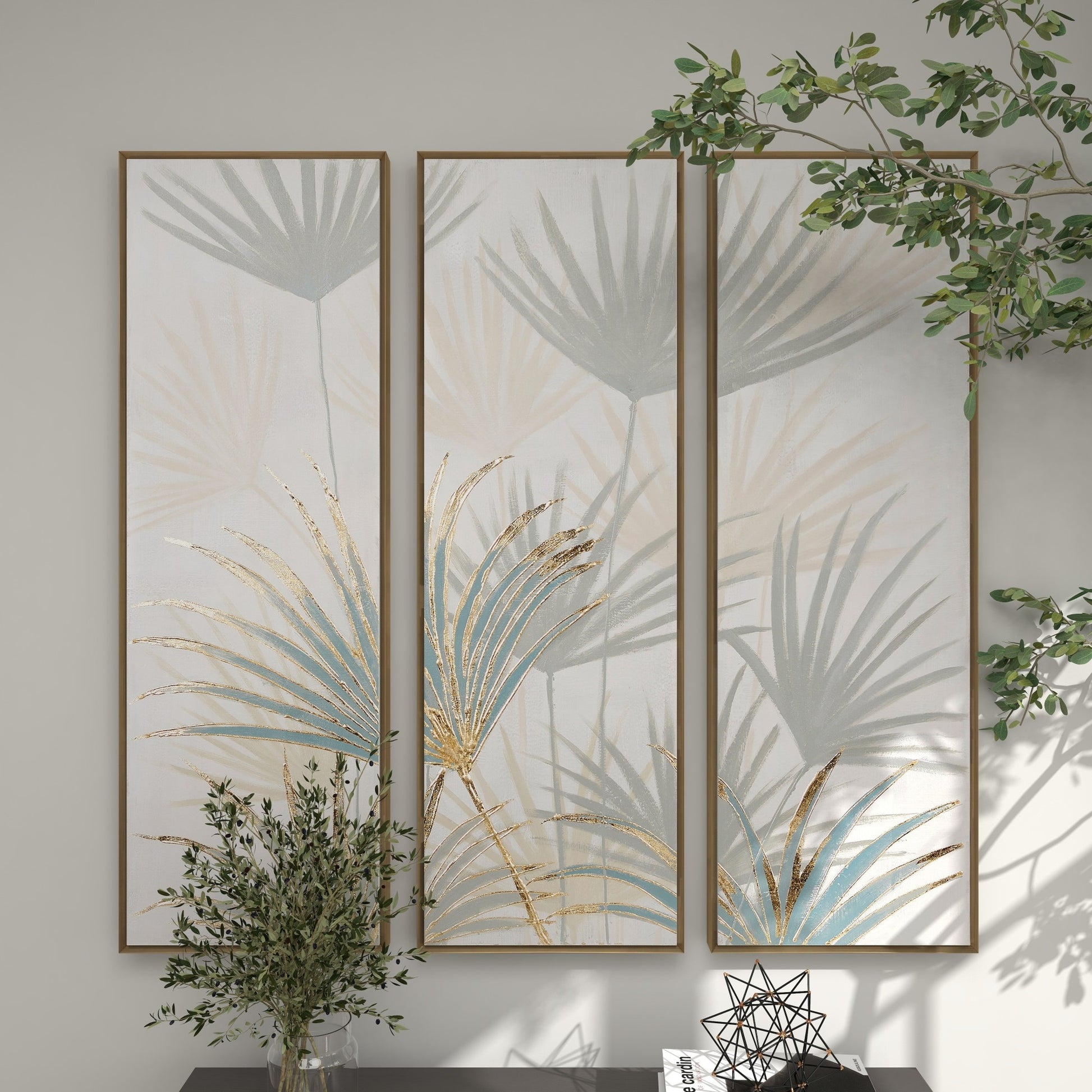 Set of 3 Palm Tree Teal Canvas Metallic Layered Leaf Living Room Framed Wall Art with Gold Foil Details