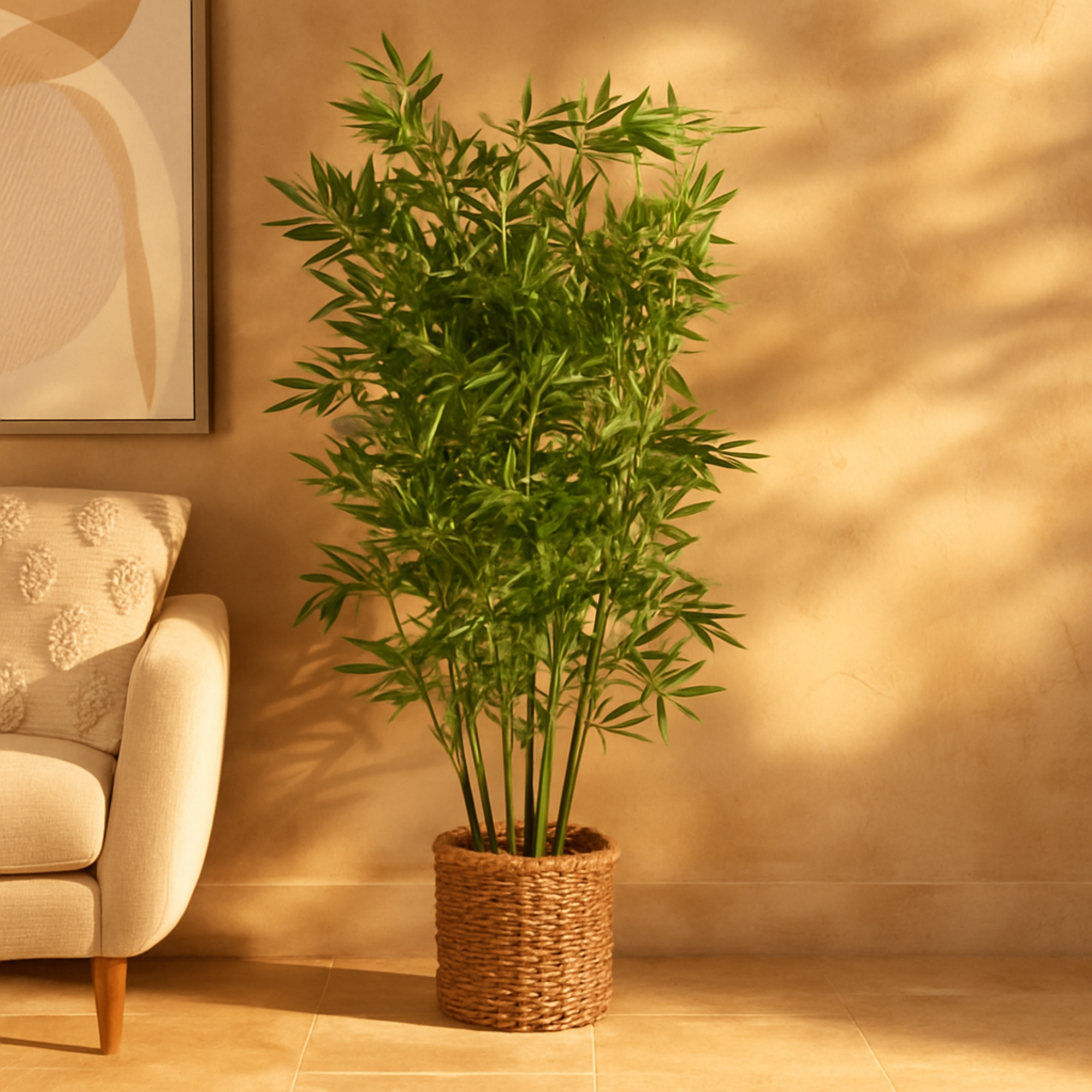 Bamboo Green Faux Foliage Indoor Outdoor Artificial Tree with Realistic Leaves and Brown Seagrass Pot