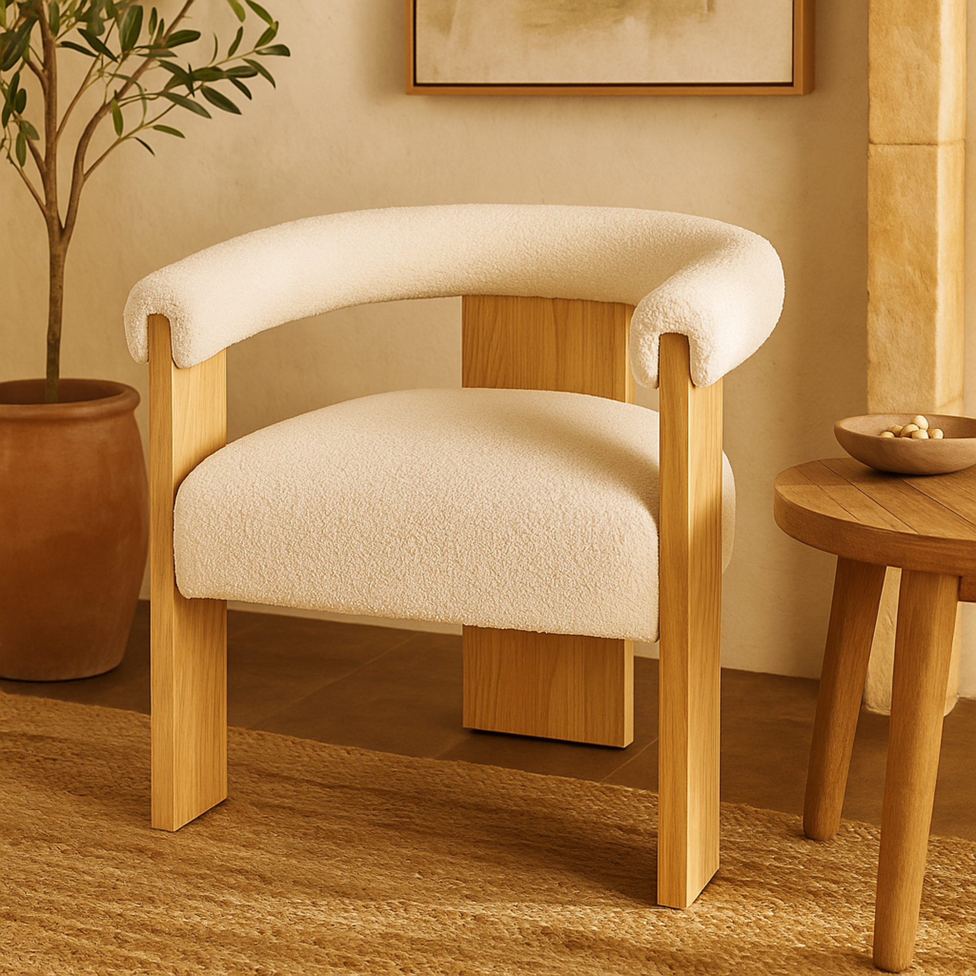 Polyester Curved Back Mid Century Modern Round Boucle Living Room Accent Chair with Brown Wood Frame 27" x 23" x 28"